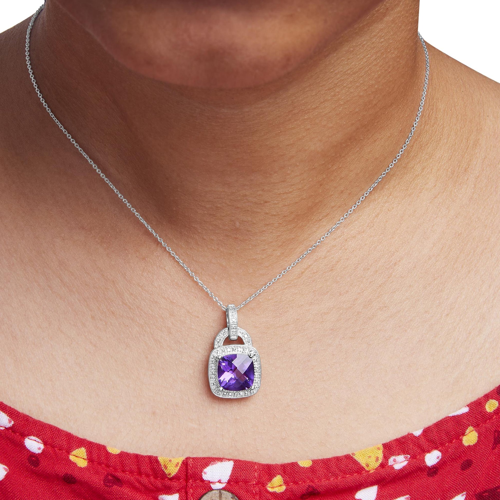 .925 Sterling Silver 10X10 MM Cushion Purple Amethyst and Diamond Accent Halo 18" Pendant Necklace (I-J Color, I1-I2 Clarity)-2