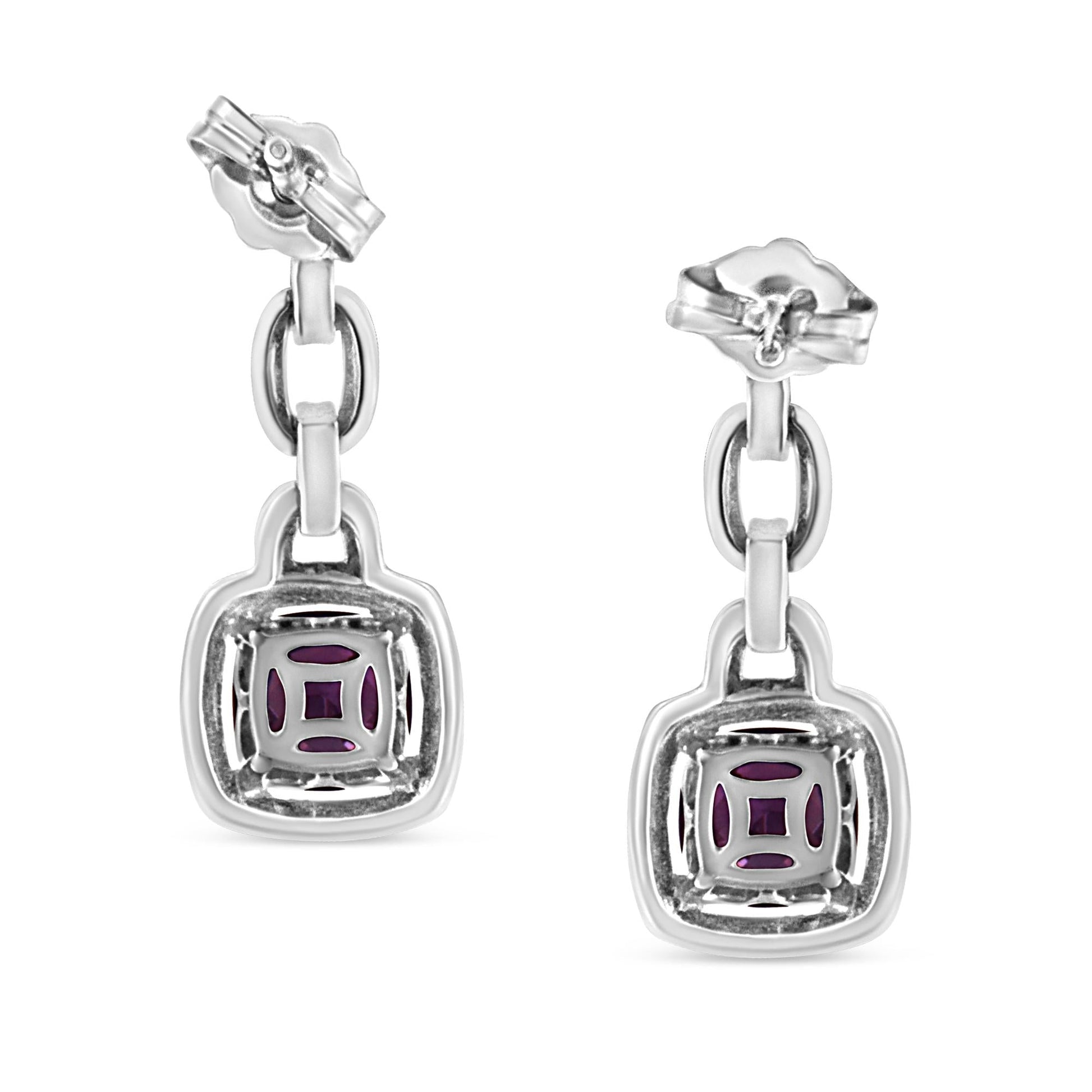 .925 Sterling Silver 6x6MM Cushion Shaped Natural Purple Amethyst and Diamond Accent Drop and Dangle Earrings (I-J Color, I1-I2 Clarity)-3