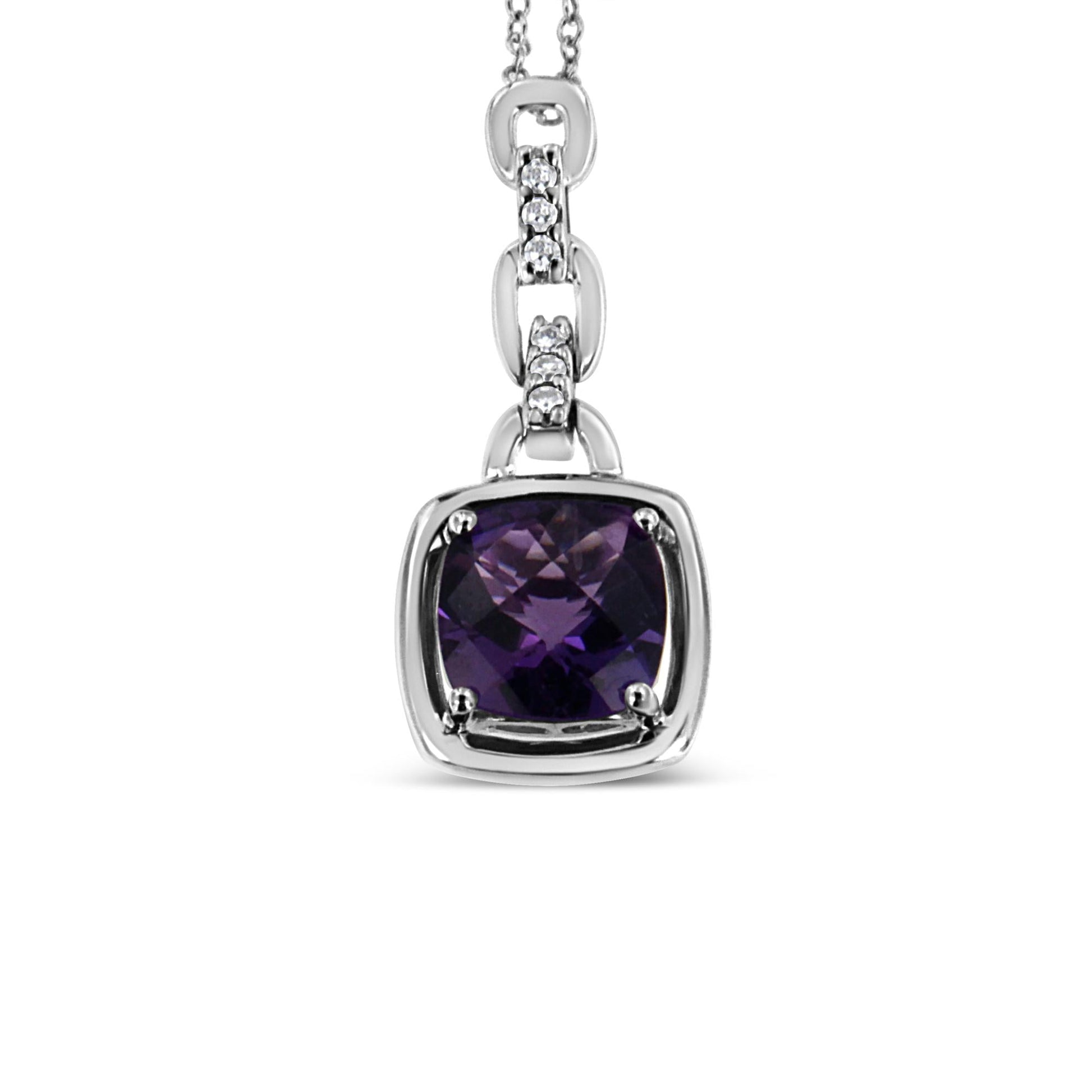 .925 Sterling Silver 6x6MM Cushion Shaped Natural Purple Amethyst and Diamond Accented Bale 18" Inch Pendant Necklace (I-J Color, I1-I2 Clarity)-0