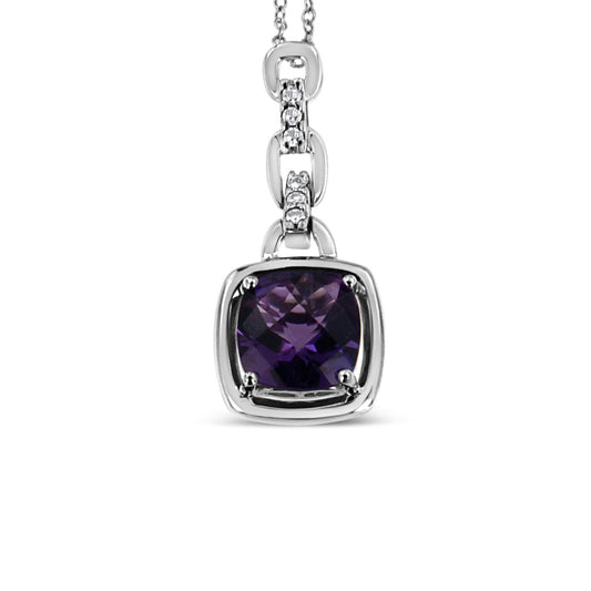 .925 Sterling Silver 6x6MM Cushion Shaped Natural Purple Amethyst and Diamond Accented Bale 18" Inch Pendant Necklace (I-J Color, I1-I2 Clarity)-0