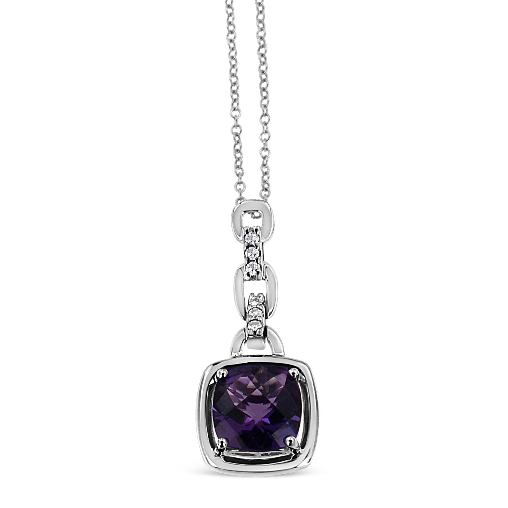 .925 Sterling Silver 6x6MM Cushion Shaped Natural Purple Amethyst and Diamond Accented Bale 18" Inch Pendant Necklace (I-J Color, I1-I2 Clarity)-1