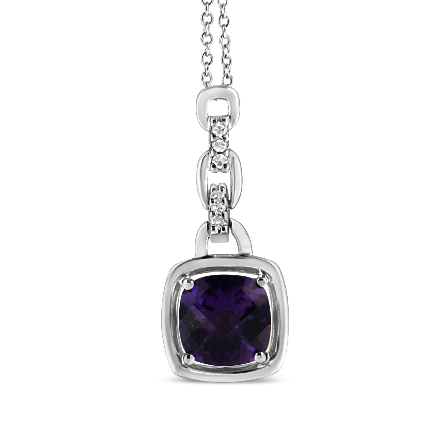 .925 Sterling Silver 6x6MM Cushion Shaped Natural Purple Amethyst and Diamond Accented Bale 18" Inch Pendant Necklace (I-J Color, I1-I2 Clarity)-3
