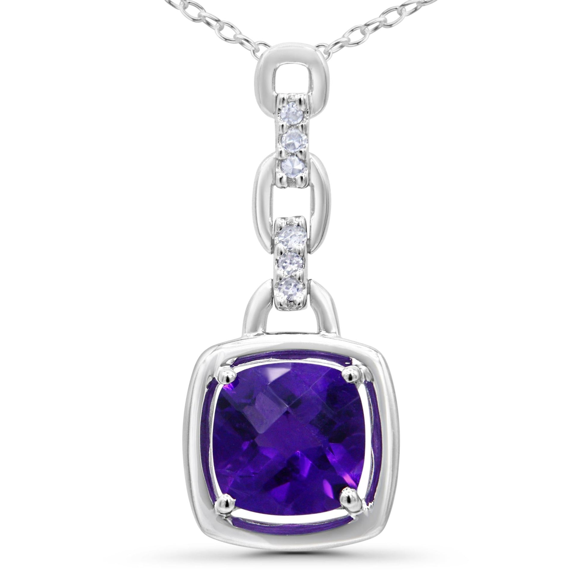 .925 Sterling Silver 6x6MM Cushion Shaped Natural Purple Amethyst and Diamond Accented Bale 18" Inch Pendant Necklace (I-J Color, I1-I2 Clarity)-4