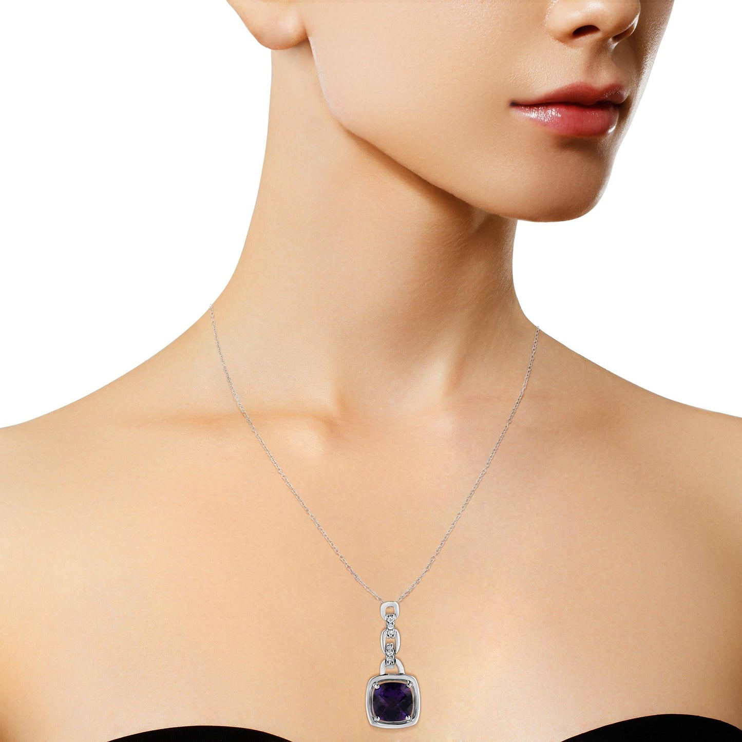 .925 Sterling Silver 6x6MM Cushion Shaped Natural Purple Amethyst and Diamond Accented Bale 18" Inch Pendant Necklace (I-J Color, I1-I2 Clarity)-2
