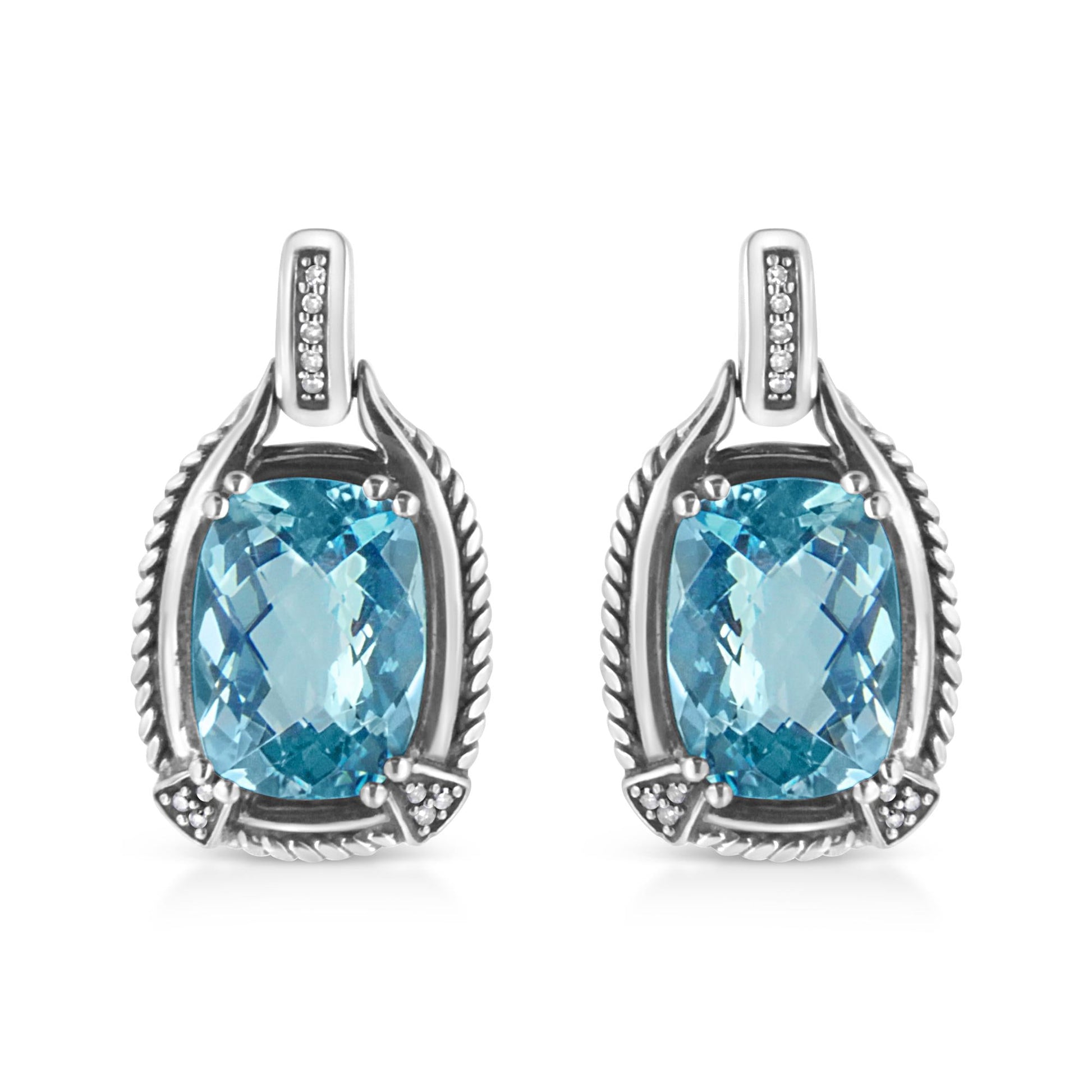 .925 Sterling Silver 14x10MM Cushion Cut Blue Topaz Gemstone and Diamond Accent Dangle Earring (I-J Color, I1-I2 Clarity)-0