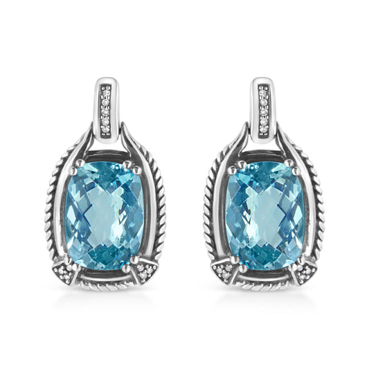 .925 Sterling Silver 14x10MM Cushion Cut Blue Topaz Gemstone and Diamond Accent Dangle Earring (I-J Color, I1-I2 Clarity)-0