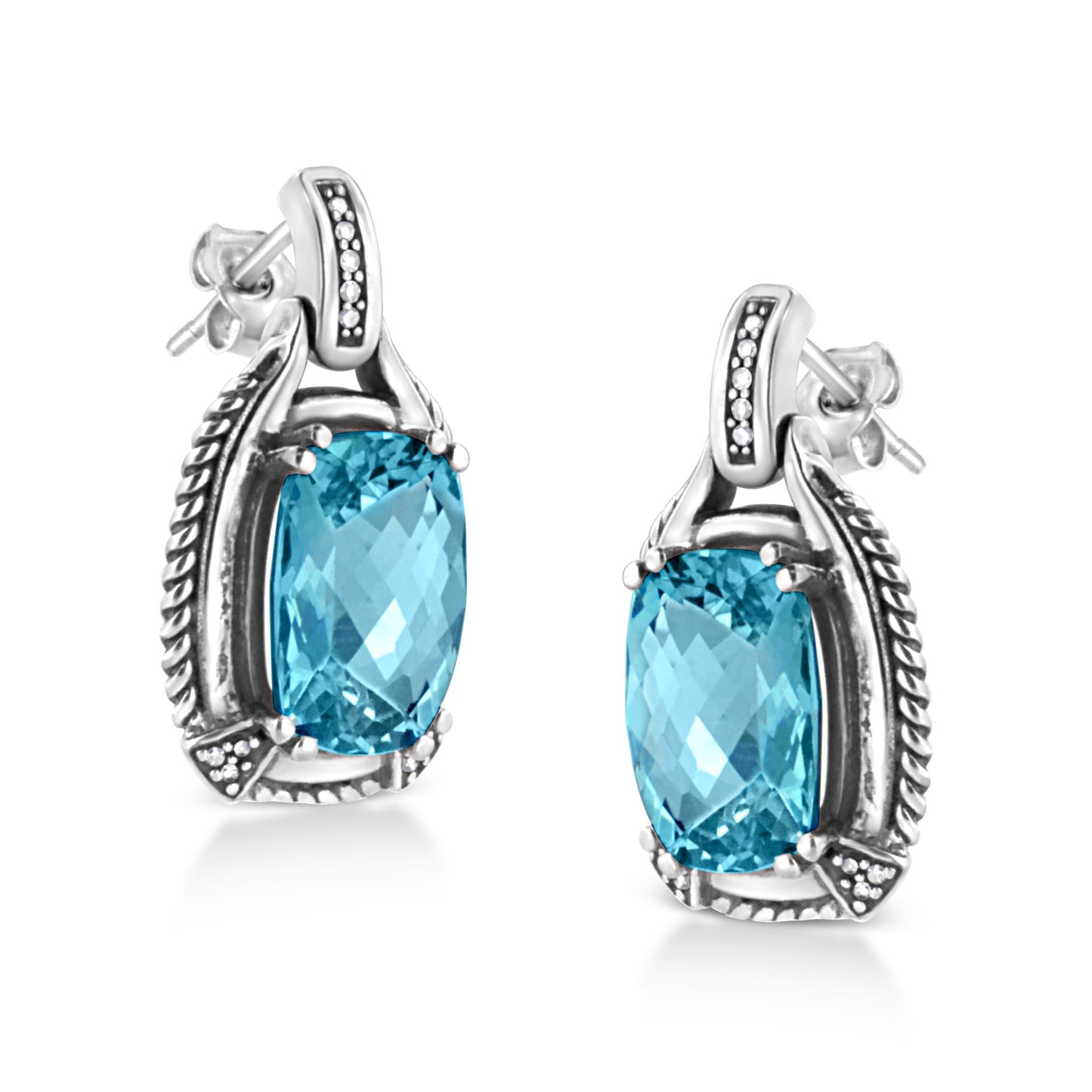 .925 Sterling Silver 14x10MM Cushion Cut Blue Topaz Gemstone and Diamond Accent Dangle Earring (I-J Color, I1-I2 Clarity)-3