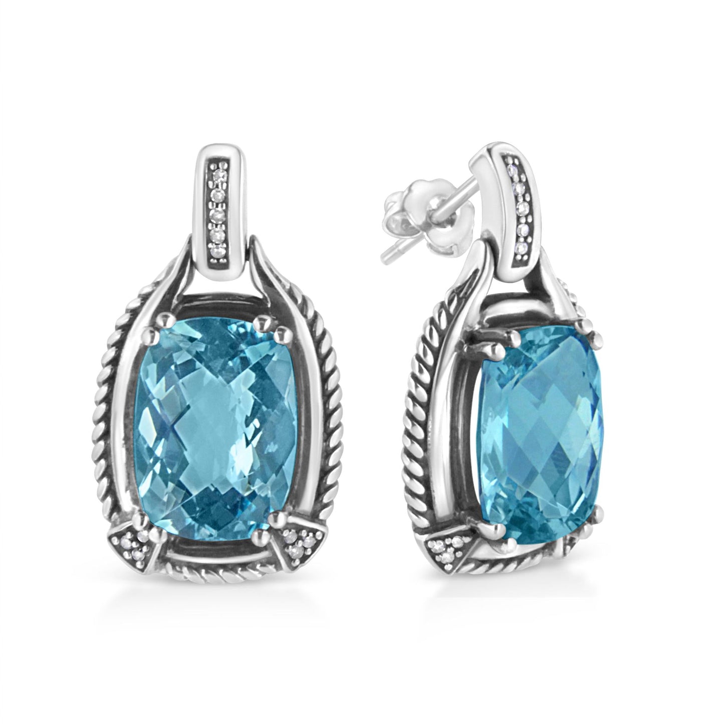 .925 Sterling Silver 14x10MM Cushion Cut Blue Topaz Gemstone and Diamond Accent Dangle Earring (I-J Color, I1-I2 Clarity)-4