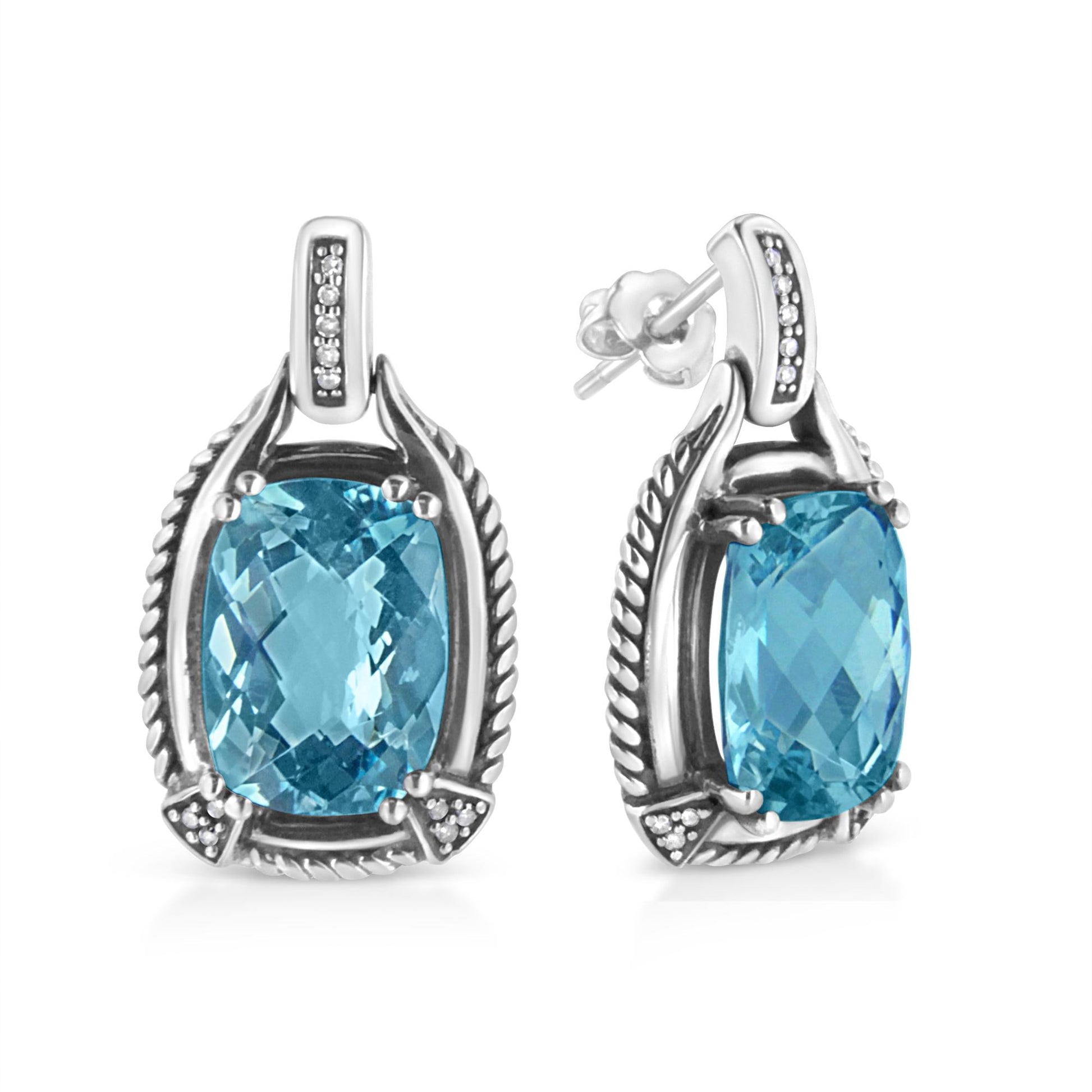 .925 Sterling Silver 14x10MM Cushion Cut Blue Topaz Gemstone and Diamond Accent Dangle Earring (I-J Color, I1-I2 Clarity)-4