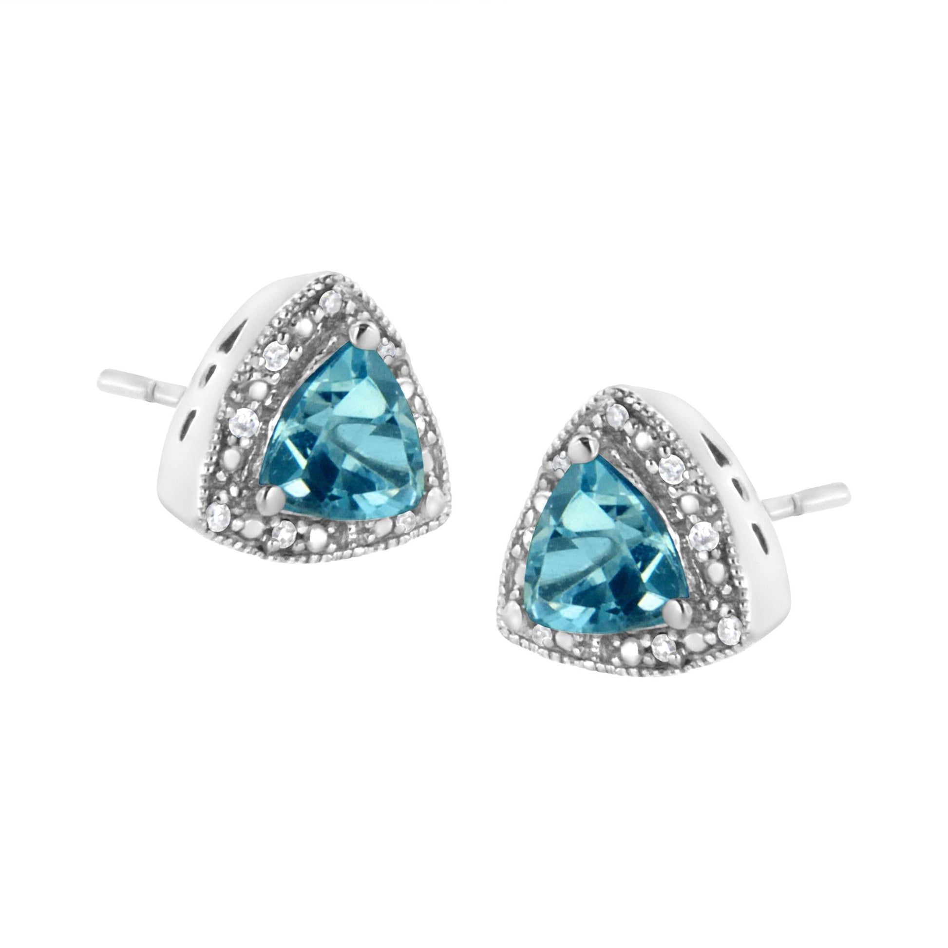 .925 Sterling Silver 6x6 mm Trillion Cut Blue Topaz Gemstone and Diamond Accent Stud Earring (I-J Color, I1-I2 Clarity)-3