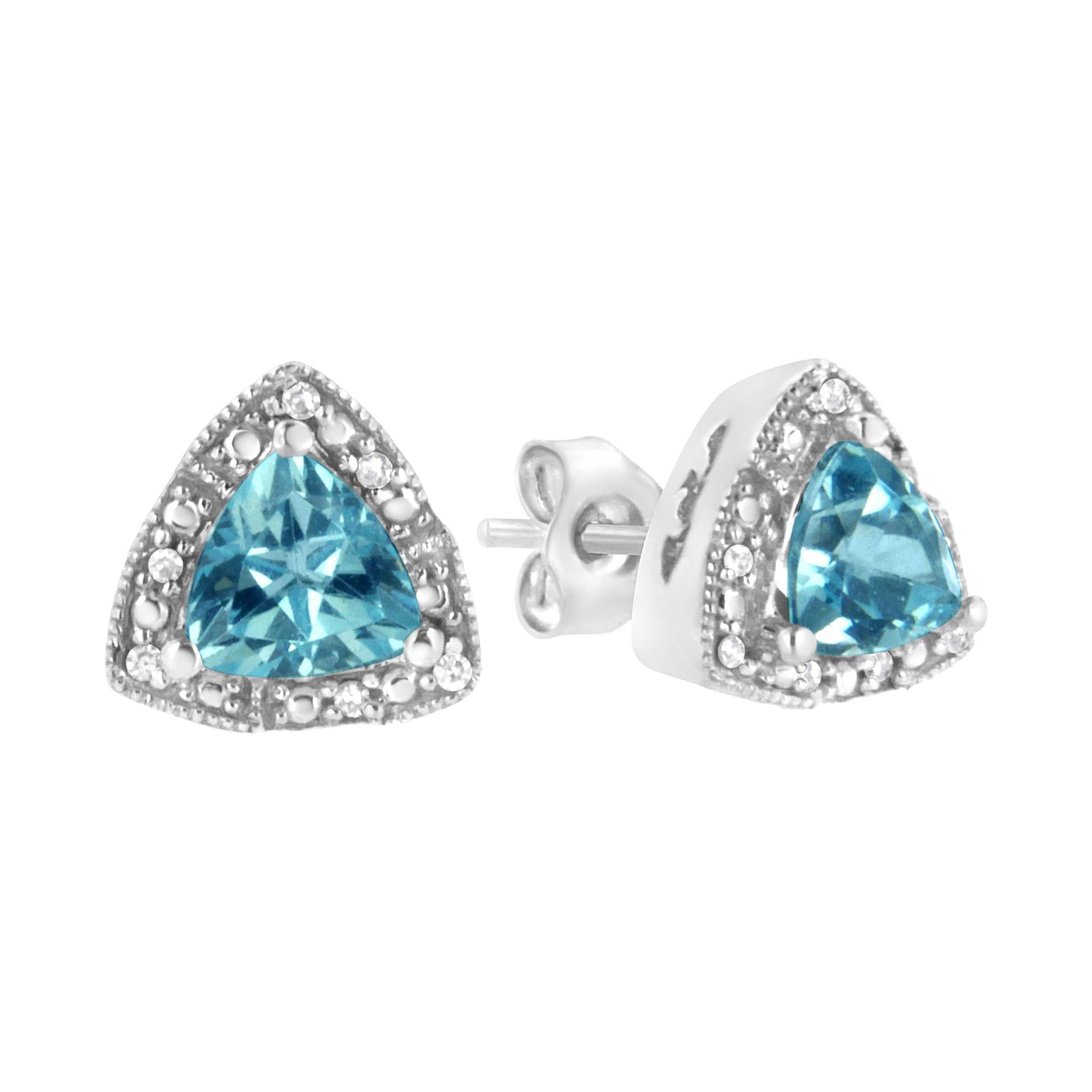.925 Sterling Silver 6x6 mm Trillion Cut Blue Topaz Gemstone and Diamond Accent Stud Earring (I-J Color, I1-I2 Clarity)-4