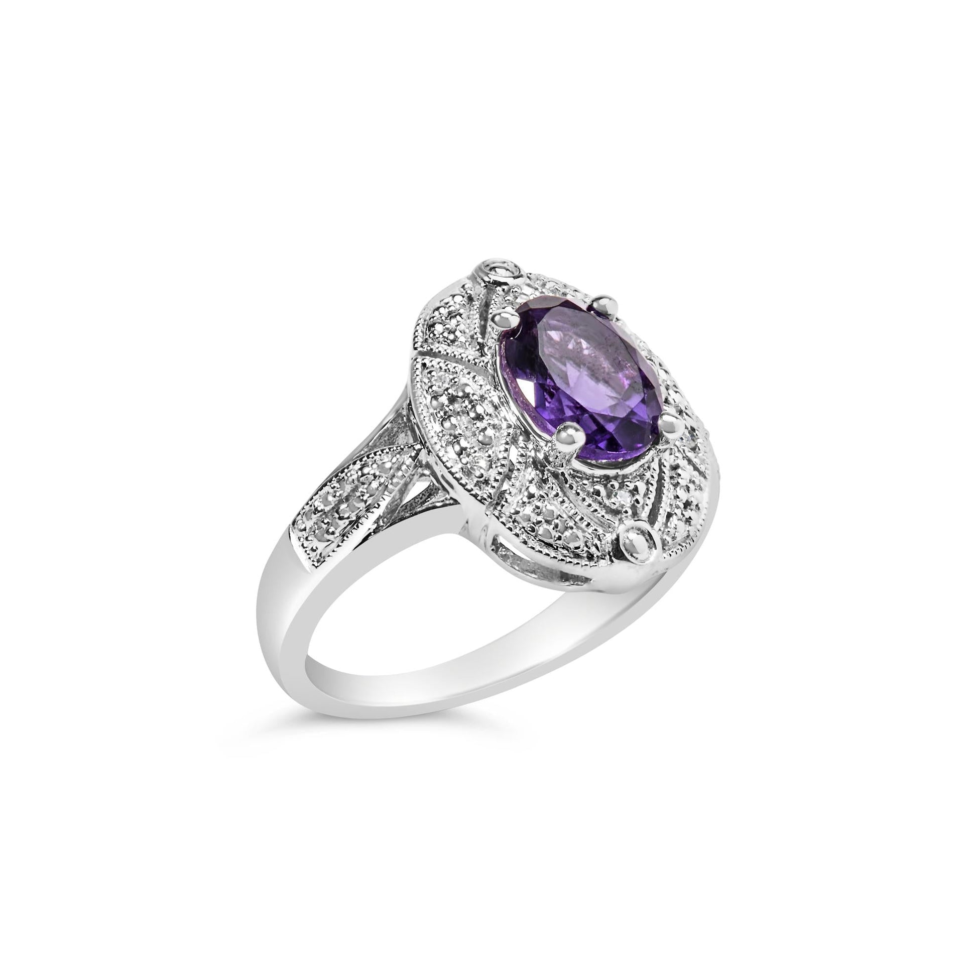 .925 Sterling Silver 9x7mm Oval Purple Amethyst and Round Diamond Accent Fashion Cocktail Ring (I-J Color, I1-I2 Clarity)-3