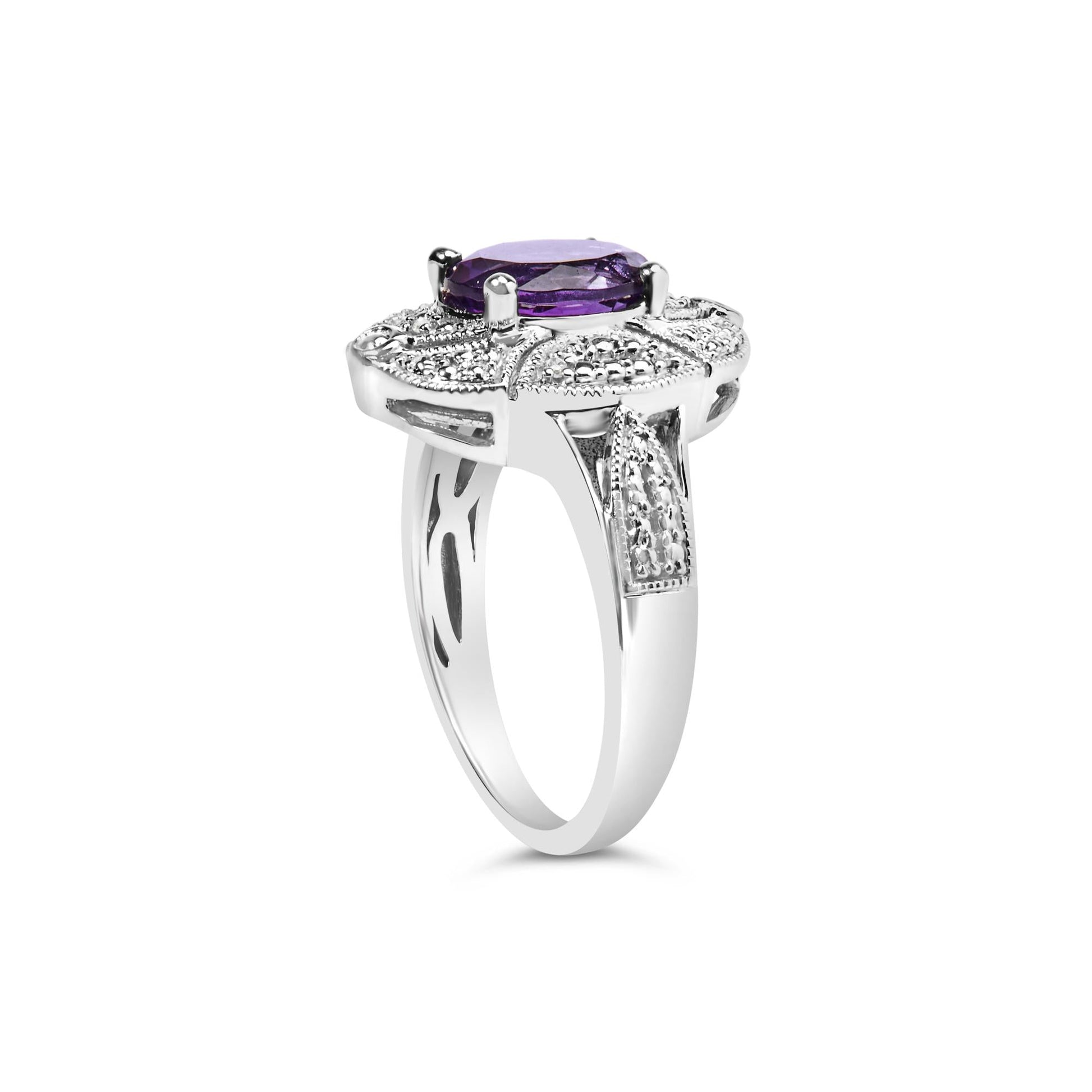 .925 Sterling Silver 9x7mm Oval Purple Amethyst and Round Diamond Accent Fashion Cocktail Ring (I-J Color, I1-I2 Clarity)-4