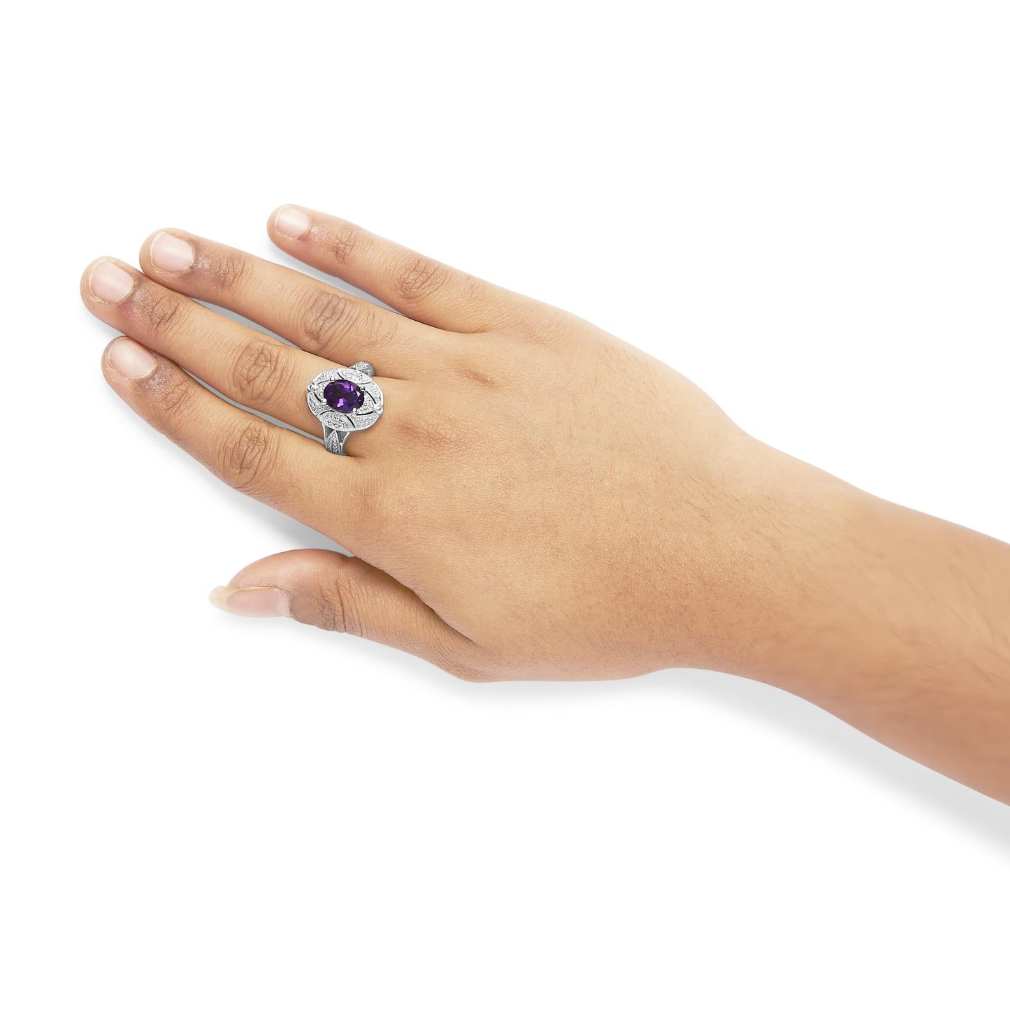 .925 Sterling Silver 9x7mm Oval Purple Amethyst and Round Diamond Accent Fashion Cocktail Ring (I-J Color, I1-I2 Clarity)-2