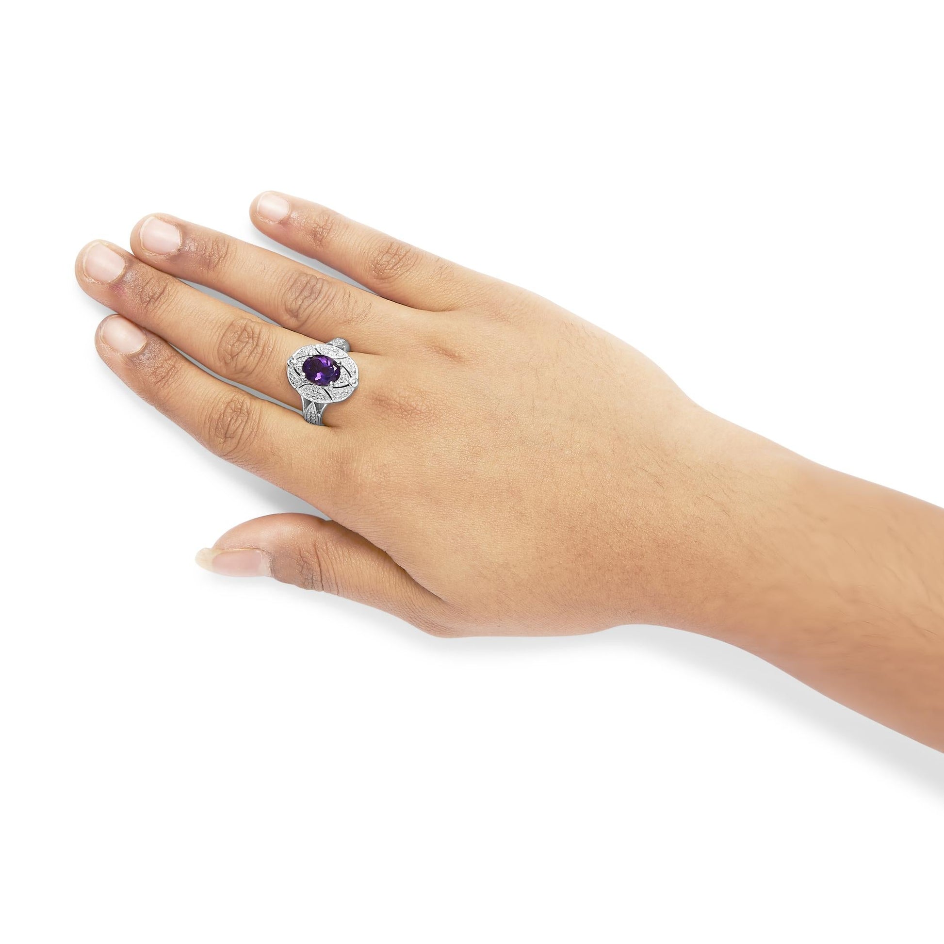 .925 Sterling Silver 9x7mm Oval Purple Amethyst and Round Diamond Accent Fashion Cocktail Ring (I-J Color, I1-I2 Clarity)-2
