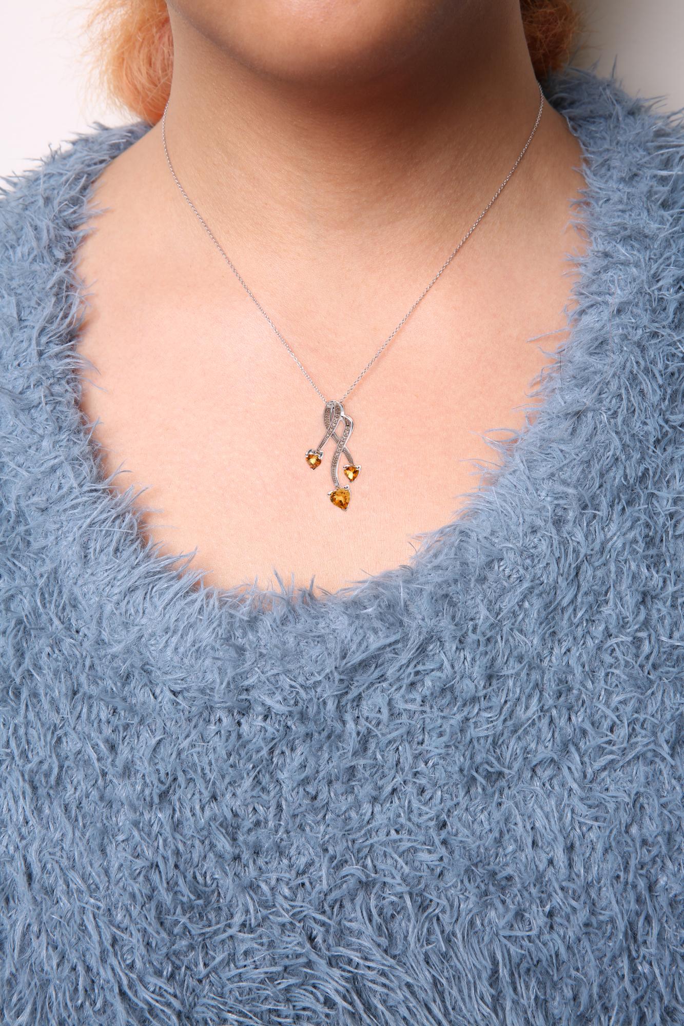 .925 Sterling Silver 3-Stone Heart Shape Citrine and Diamond Accent Spiral Drop 18" Pendant Necklace (H-I Color, SI1-SI2 Clarity)-2