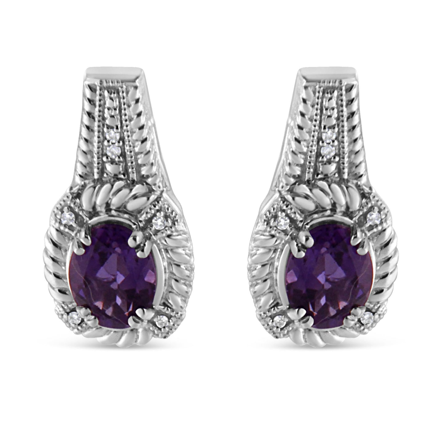 .925 Sterling Silver 8x6 MM Natural Oval Purple Amethyst Gemstone and Diamond Accent Art Deco Style Drop and Dangle Earrings (I-J Color, I1-I2 Clarity)-0
