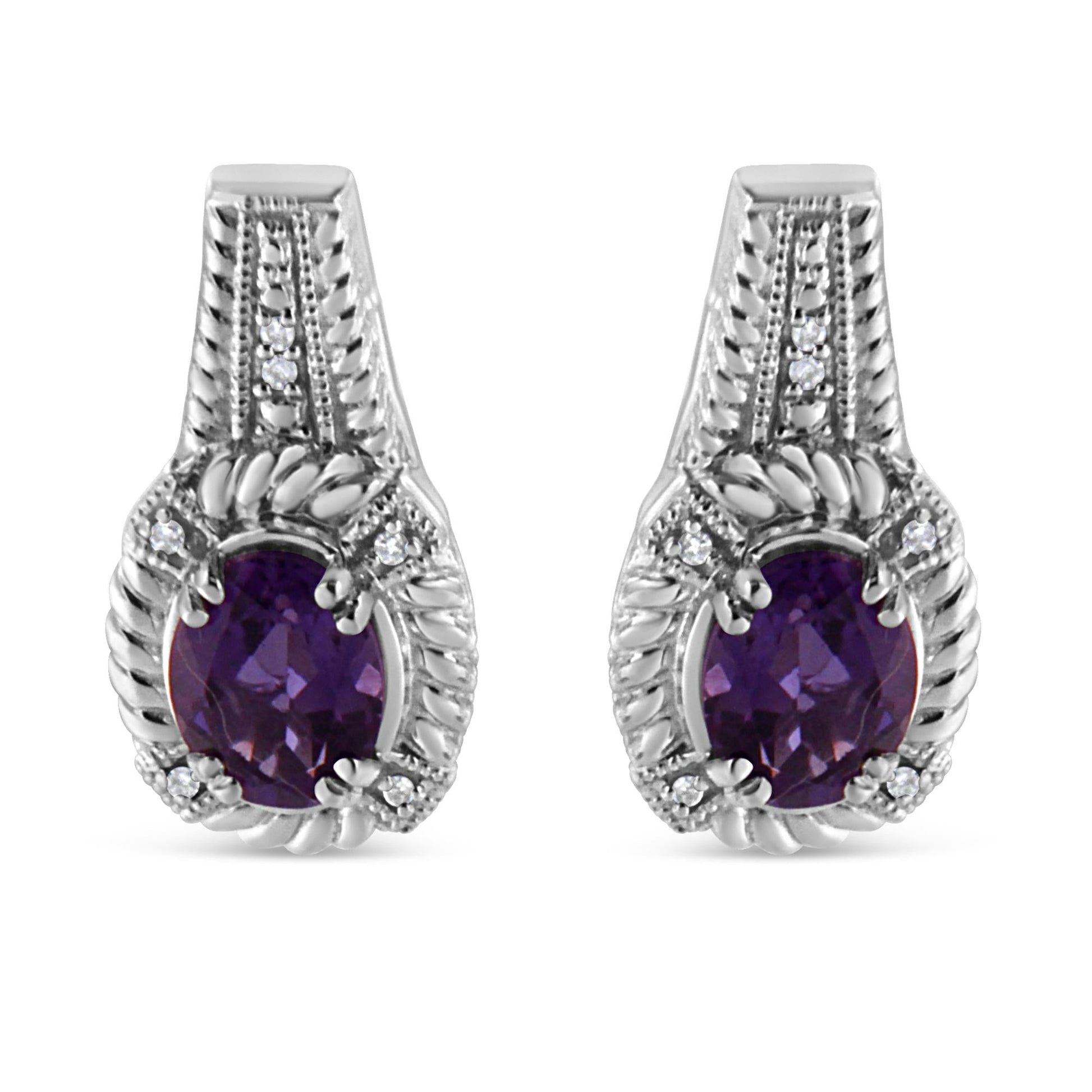 .925 Sterling Silver 8x6 MM Natural Oval Purple Amethyst Gemstone and Diamond Accent Art Deco Style Drop and Dangle Earrings (I-J Color, I1-I2 Clarity)-0