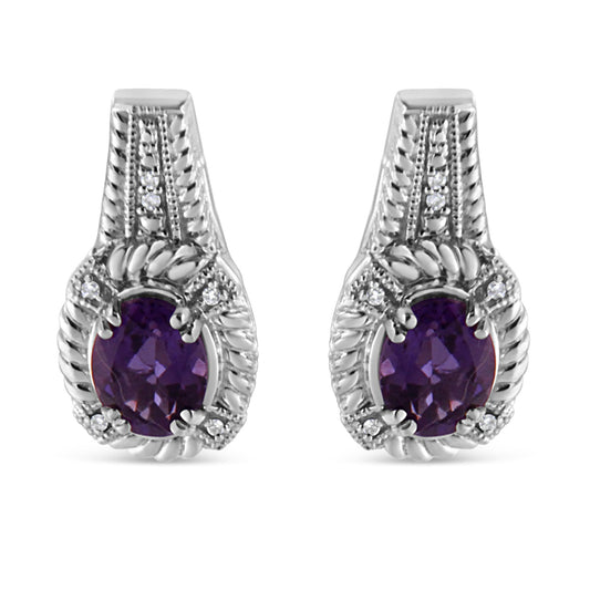 .925 Sterling Silver 8x6 MM Natural Oval Purple Amethyst Gemstone and Diamond Accent Art Deco Style Drop and Dangle Earrings (I-J Color, I1-I2 Clarity)-0