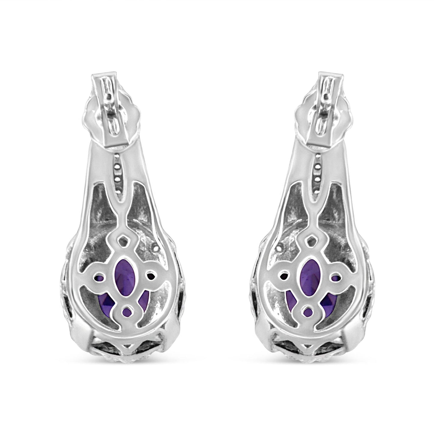 .925 Sterling Silver 8x6 MM Natural Oval Purple Amethyst Gemstone and Diamond Accent Art Deco Style Drop and Dangle Earrings (I-J Color, I1-I2 Clarity)-3