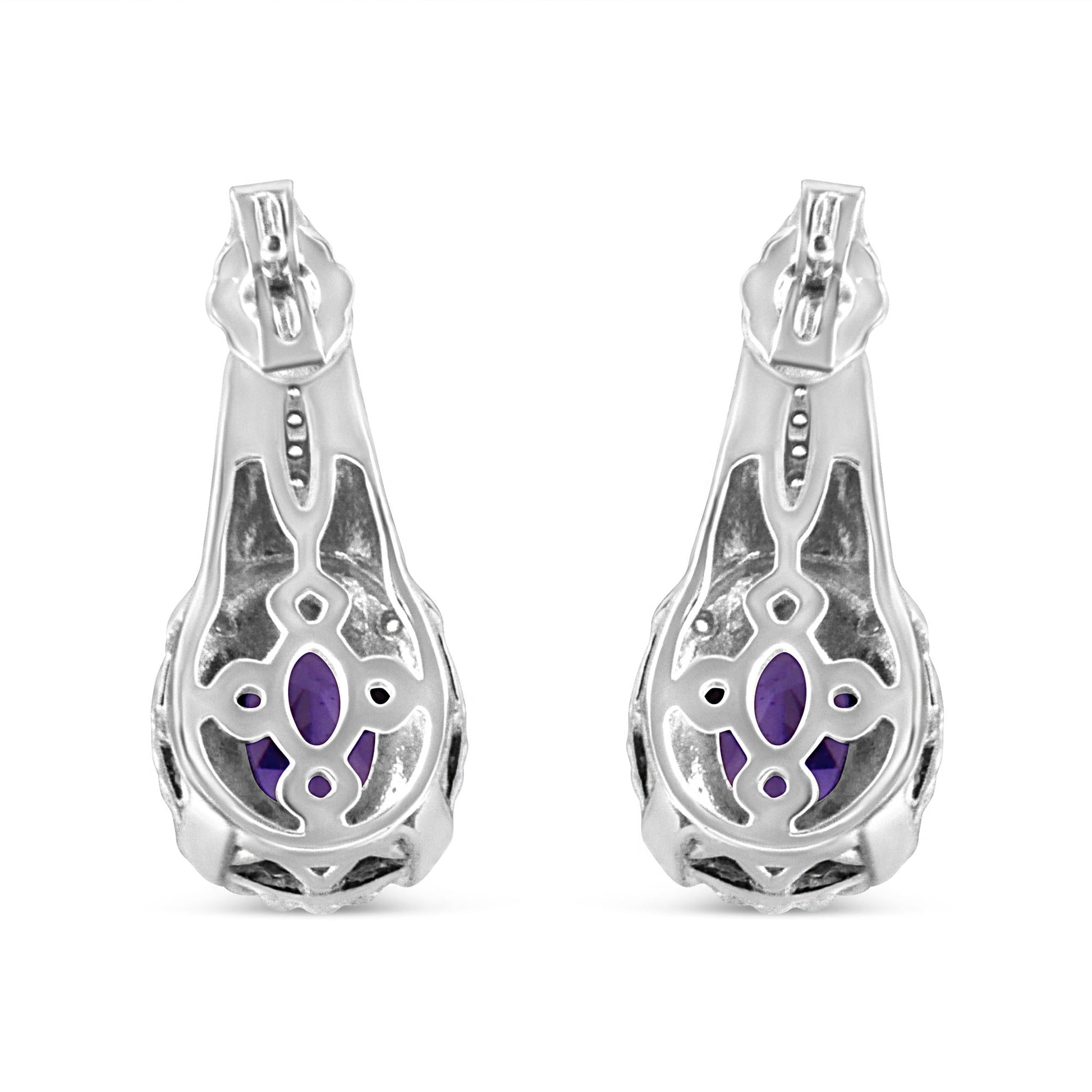 .925 Sterling Silver 8x6 MM Natural Oval Purple Amethyst Gemstone and Diamond Accent Art Deco Style Drop and Dangle Earrings (I-J Color, I1-I2 Clarity)-3