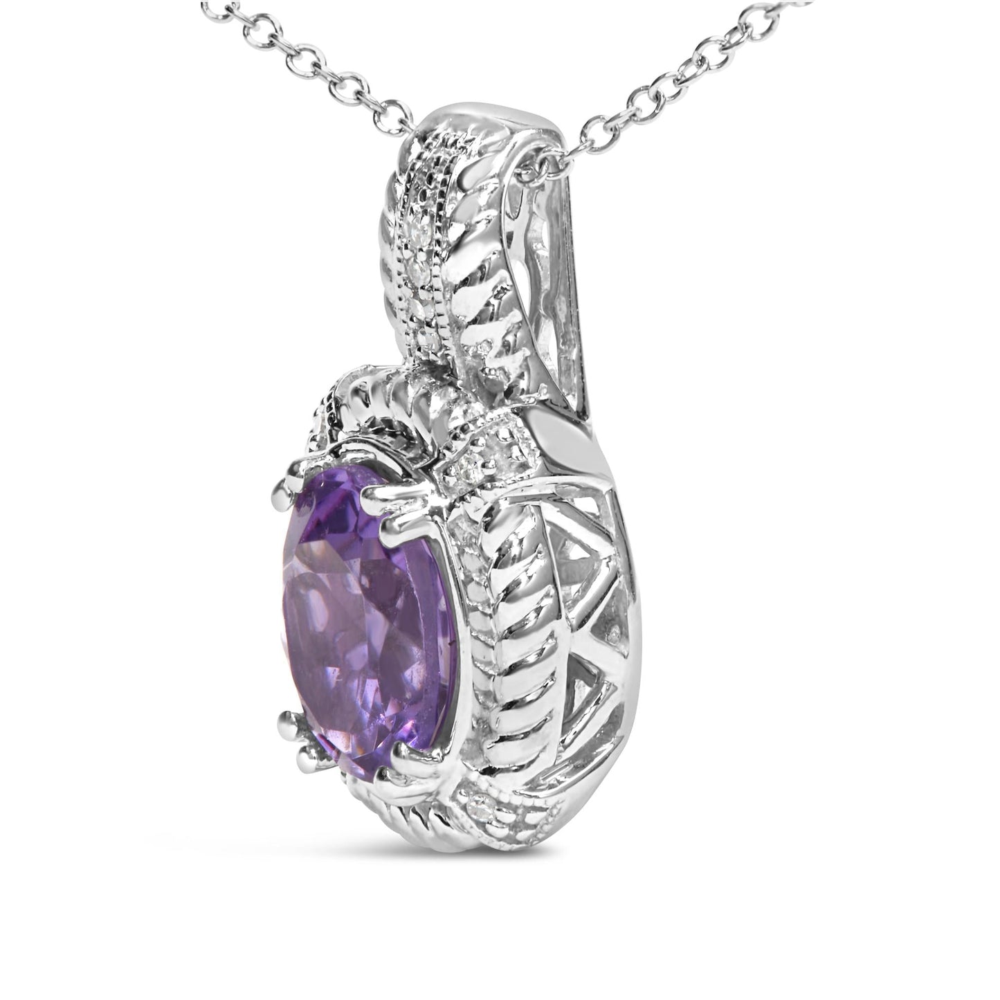 .925 Sterling Silver 9x7mm Oval Purple Amethyst and Round Diamond Accent Fashion Drop Pendant 18 Inch Necklace (I-J Color, I1-I2 Clarity)-3
