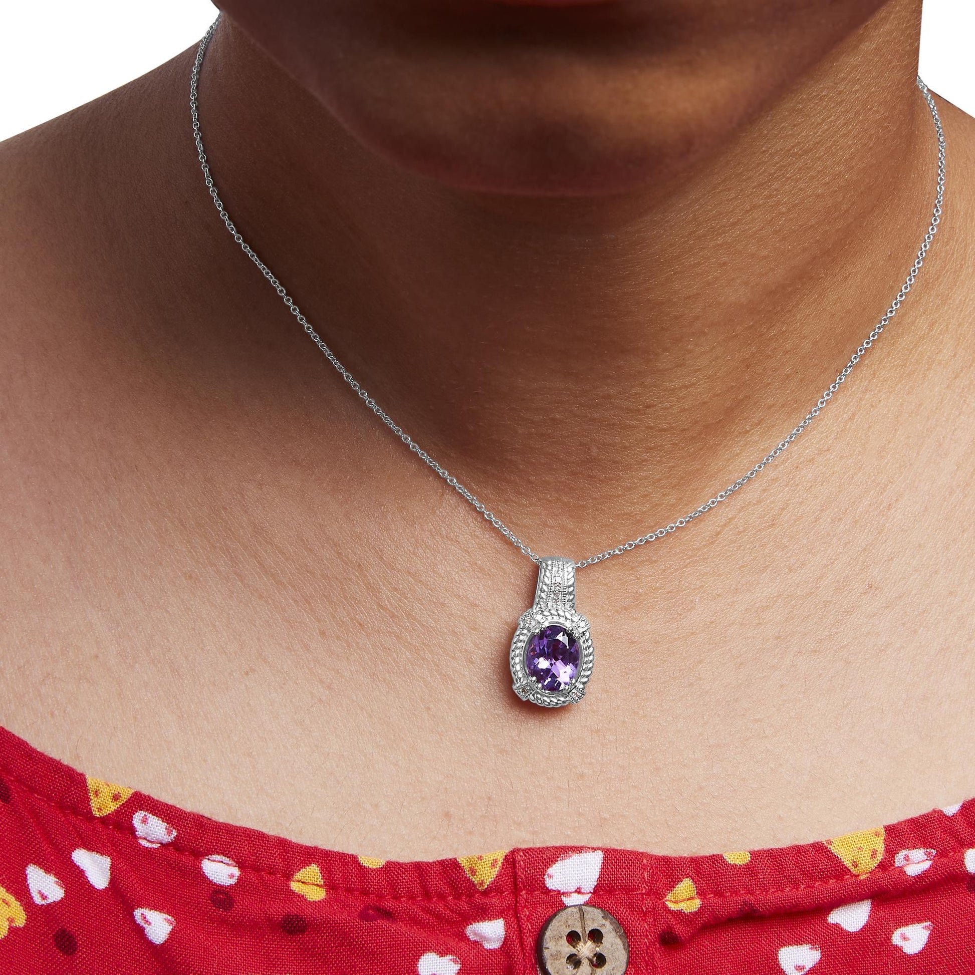 .925 Sterling Silver 9x7mm Oval Purple Amethyst and Round Diamond Accent Fashion Drop Pendant 18 Inch Necklace (I-J Color, I1-I2 Clarity)-2