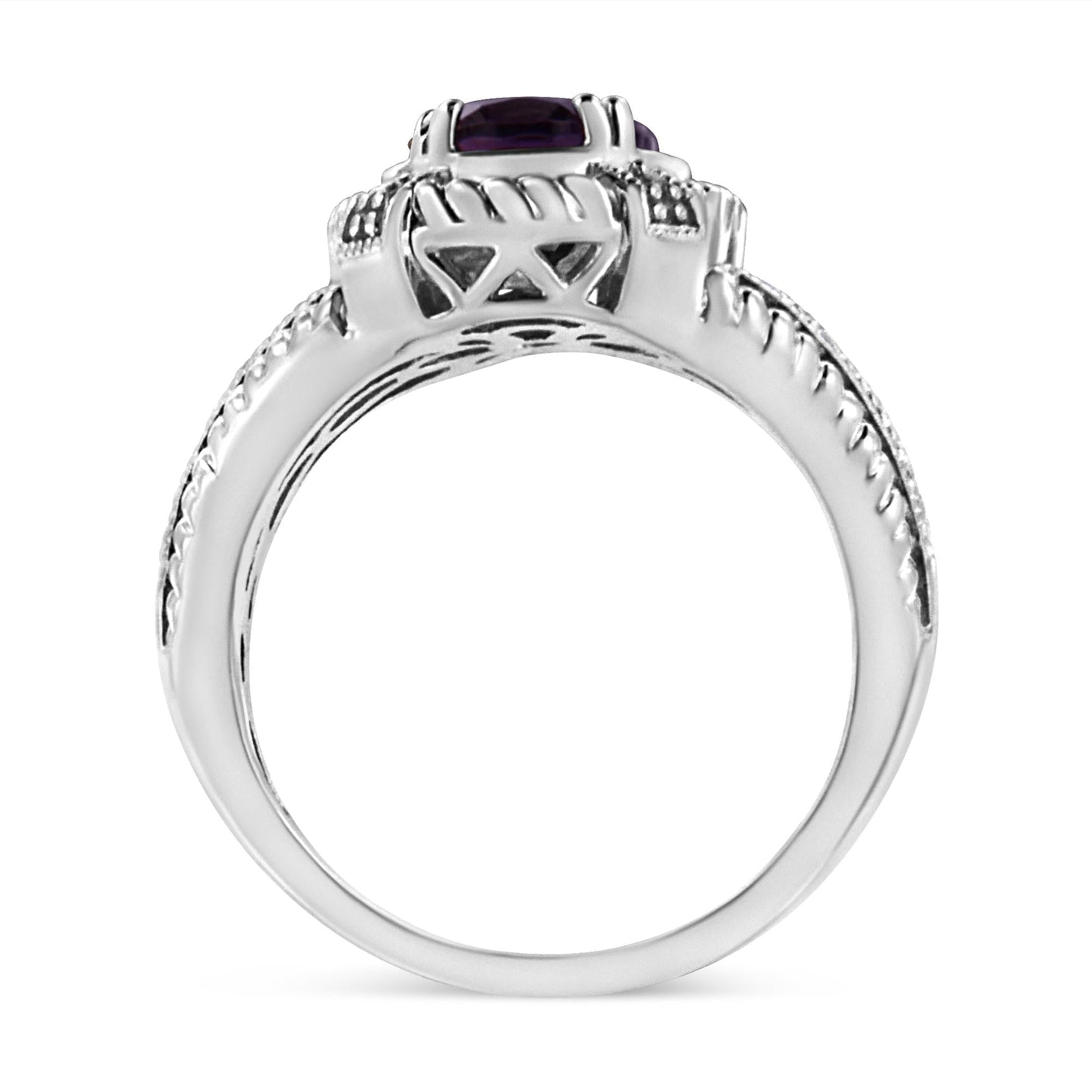 .925 Sterling Silver 9X7 Oval MM Purple Amethyst Solitaire and Diamond Accent Ring-3