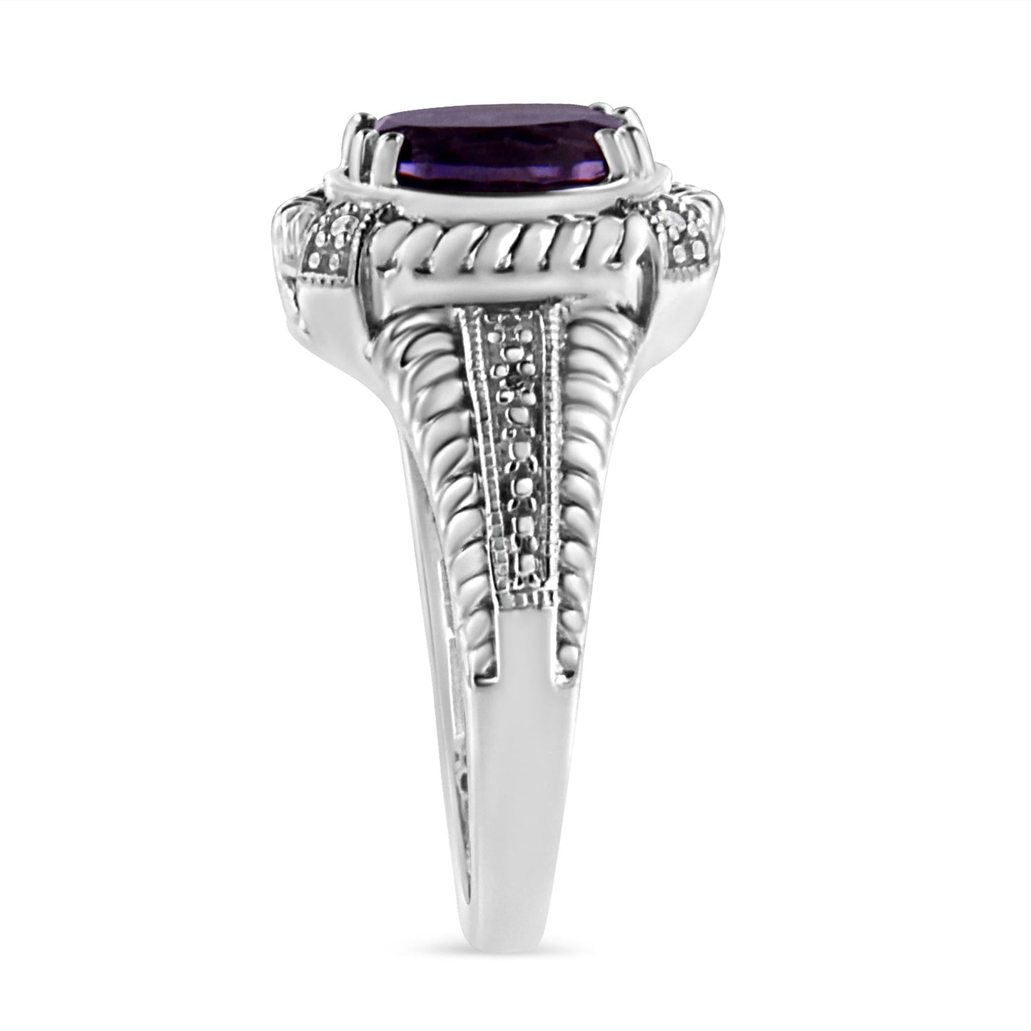 .925 Sterling Silver 9X7 Oval MM Purple Amethyst Solitaire and Diamond Accent Ring-4