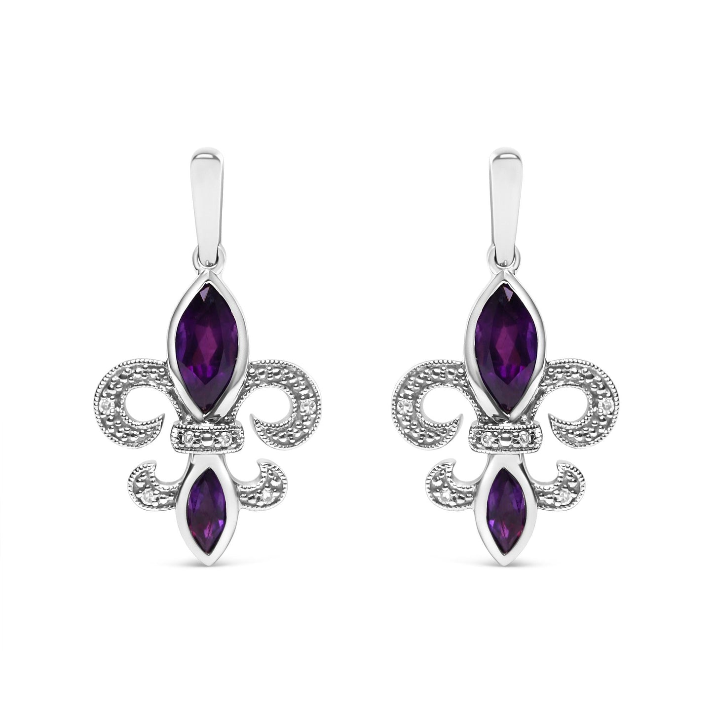 .925 Sterling Silver Marquise Cut Amethyst and Diamond Accent Fleur De Lis Dangle Stud Earrings (H-I Color, SI1-SI2 Clarity)-0