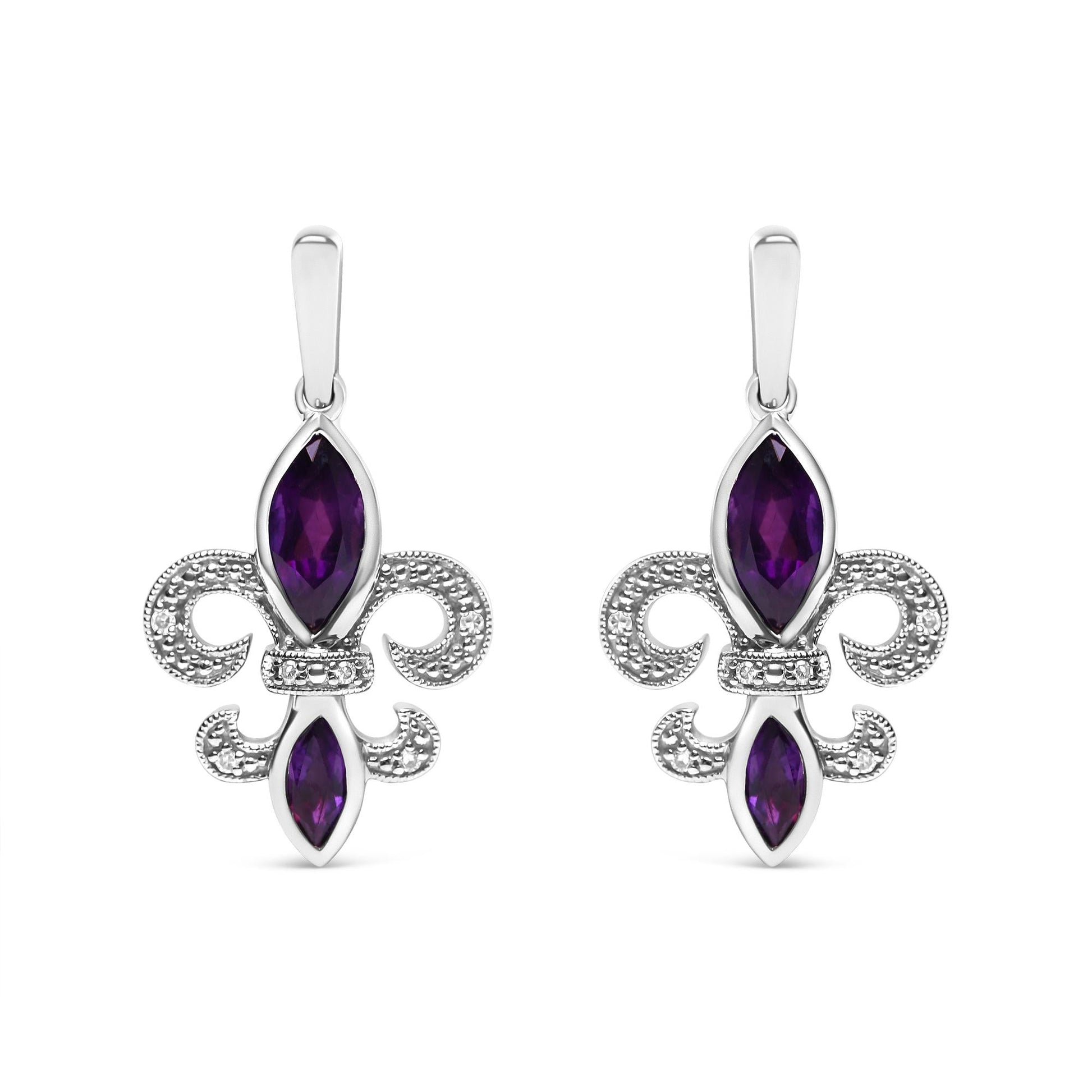 .925 Sterling Silver Marquise Cut Amethyst and Diamond Accent Fleur De Lis Dangle Stud Earrings (H-I Color, SI1-SI2 Clarity)-0