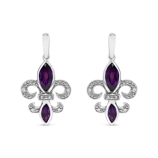 .925 Sterling Silver Marquise Cut Amethyst and Diamond Accent Fleur De Lis Dangle Stud Earrings (H-I Color, SI1-SI2 Clarity)-0