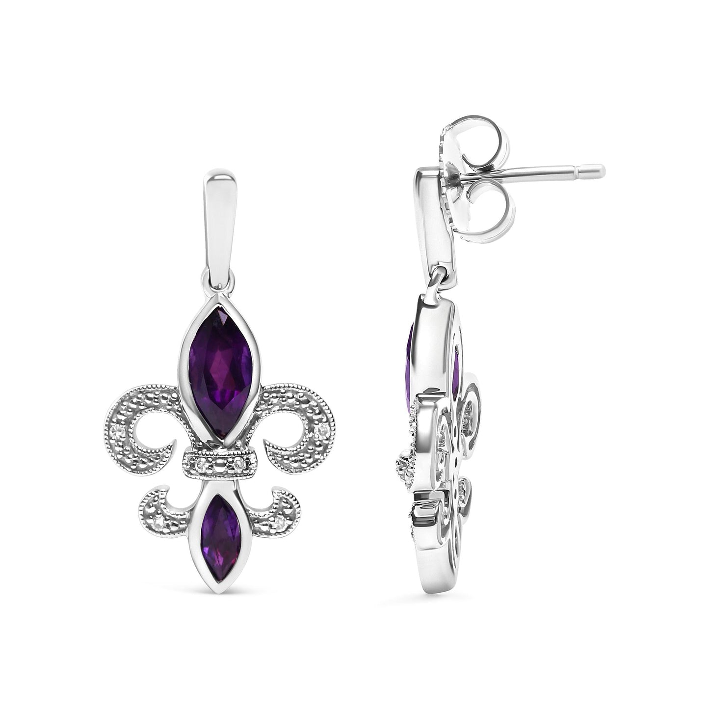 .925 Sterling Silver Marquise Cut Amethyst and Diamond Accent Fleur De Lis Dangle Stud Earrings (H-I Color, SI1-SI2 Clarity)-3