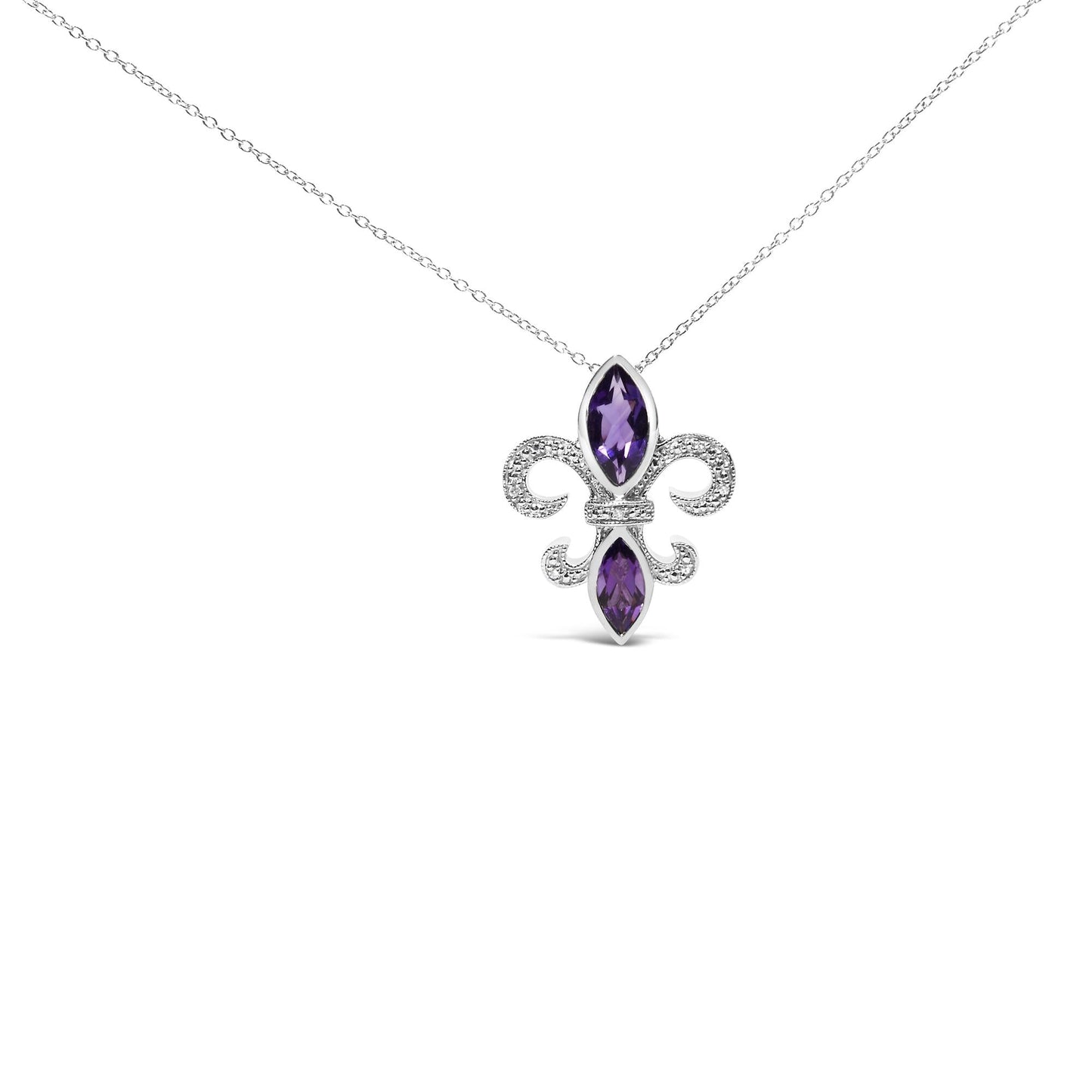 .925 Sterling Silver Purple Amethyst Marquise and Diamond Accent Fleur De Lis Pendant Necklace (H-I Color, SI1-SI2 Clarity) - Size 18"-0