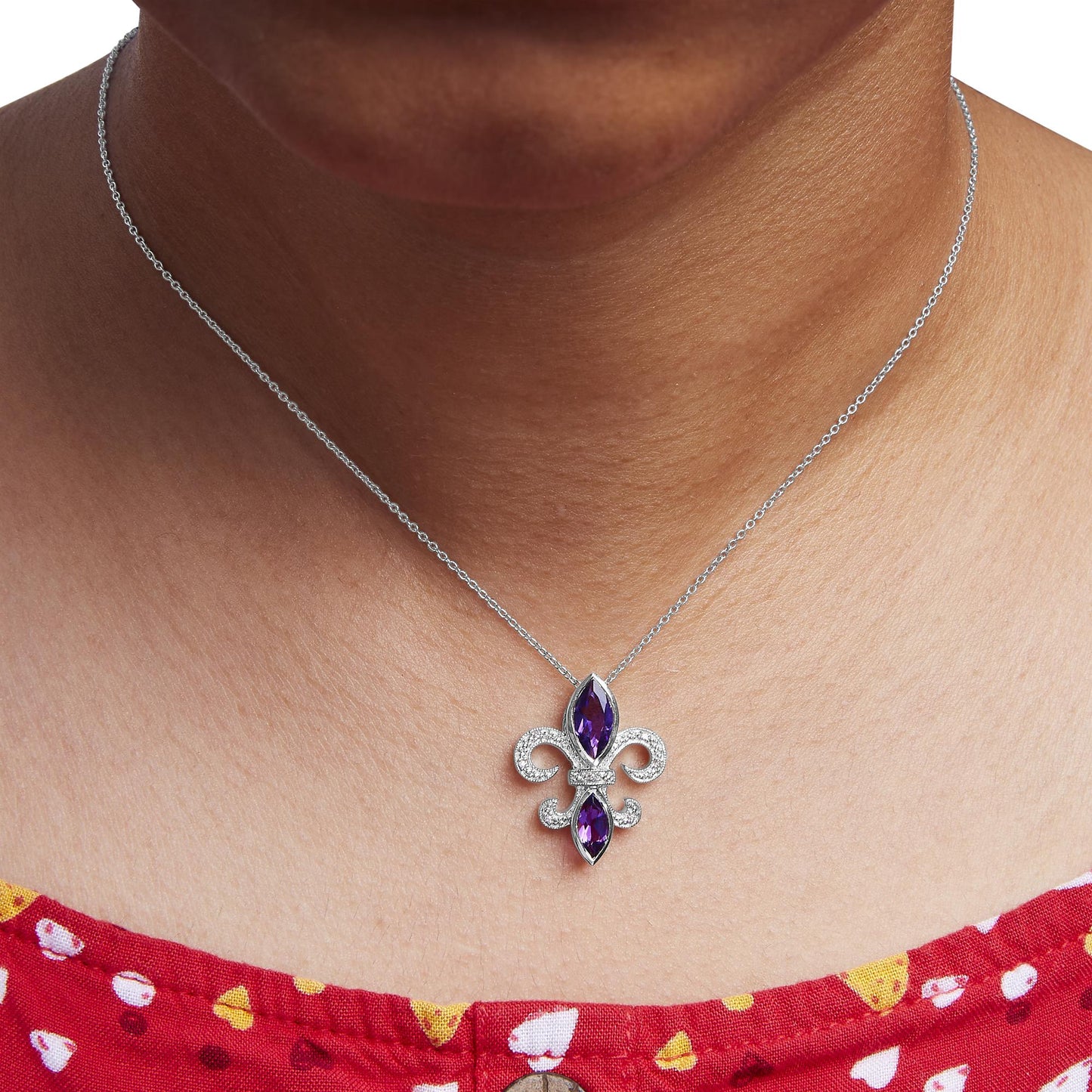 .925 Sterling Silver Purple Amethyst Marquise and Diamond Accent Fleur De Lis Pendant Necklace (H-I Color, SI1-SI2 Clarity) - Size 18"-2