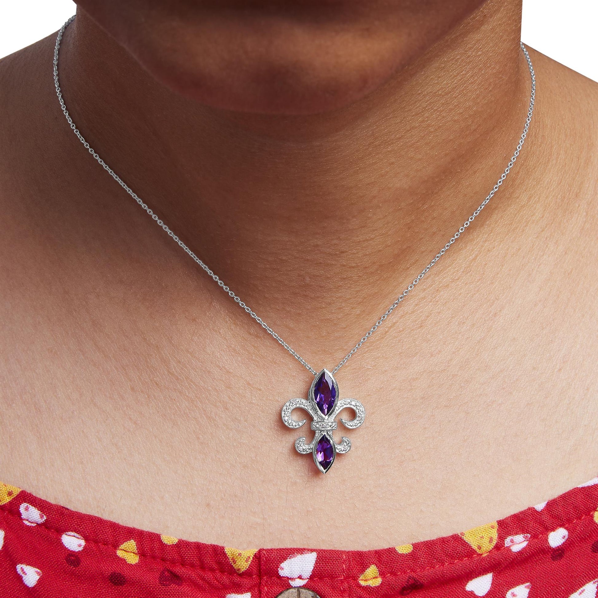 .925 Sterling Silver Purple Amethyst Marquise and Diamond Accent Fleur De Lis Pendant Necklace (H-I Color, SI1-SI2 Clarity) - Size 18"-2