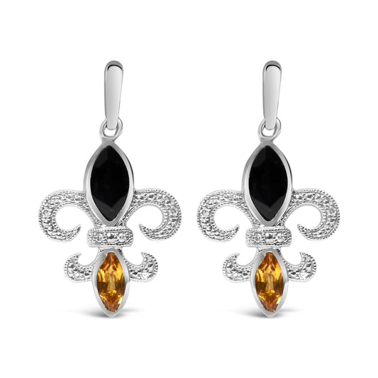 .925 Sterling Silver Marquise Cut Onyx and Citrine with Diamond Accent Fleur De Lis Drop Stud Earrings (H-I Color, SI1-SI2 Clarity)-0
