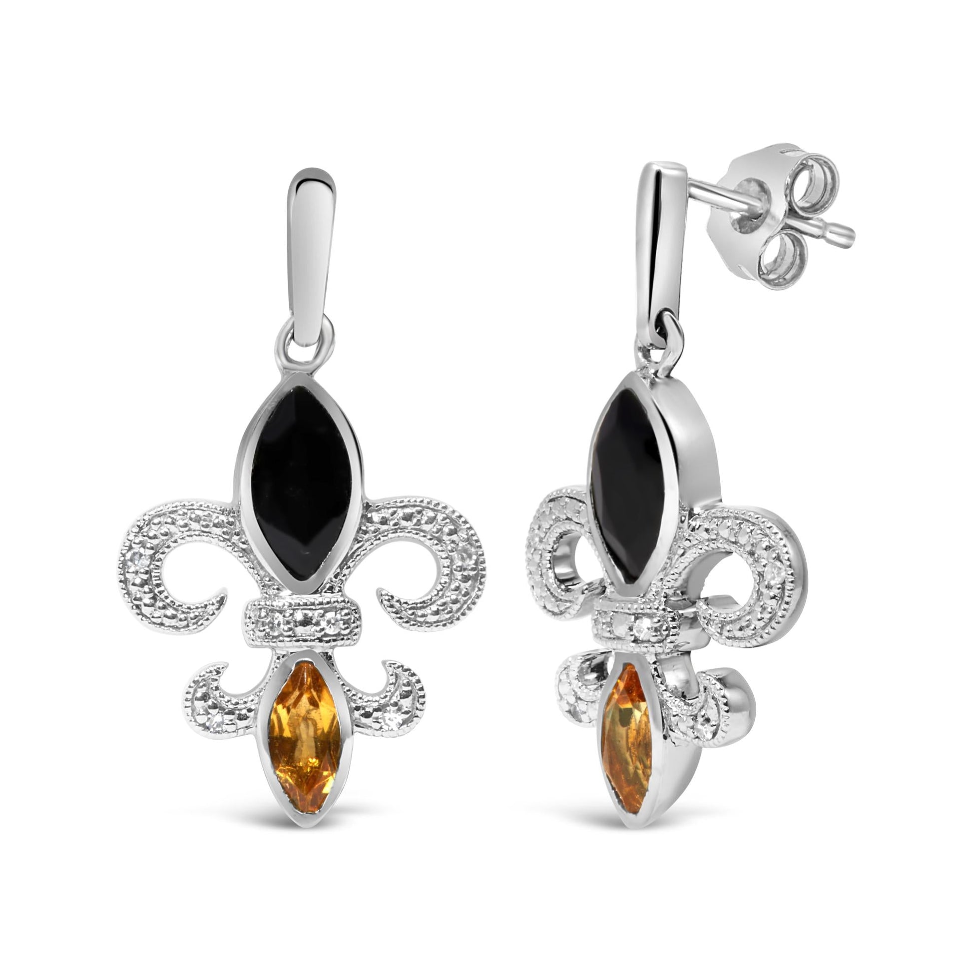 .925 Sterling Silver Marquise Cut Onyx and Citrine with Diamond Accent Fleur De Lis Drop Stud Earrings (H-I Color, SI1-SI2 Clarity)-1