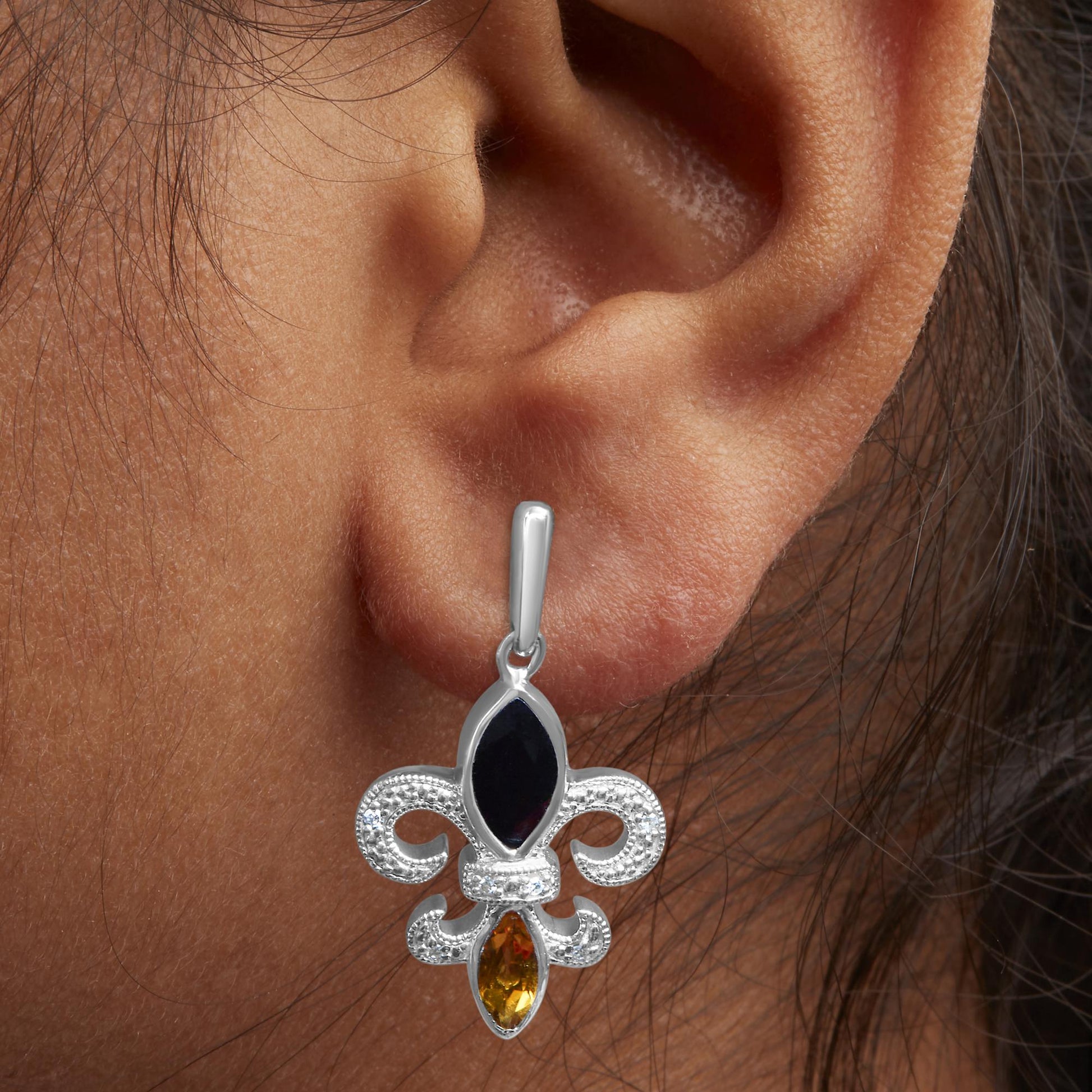 .925 Sterling Silver Marquise Cut Onyx and Citrine with Diamond Accent Fleur De Lis Drop Stud Earrings (H-I Color, SI1-SI2 Clarity)-2