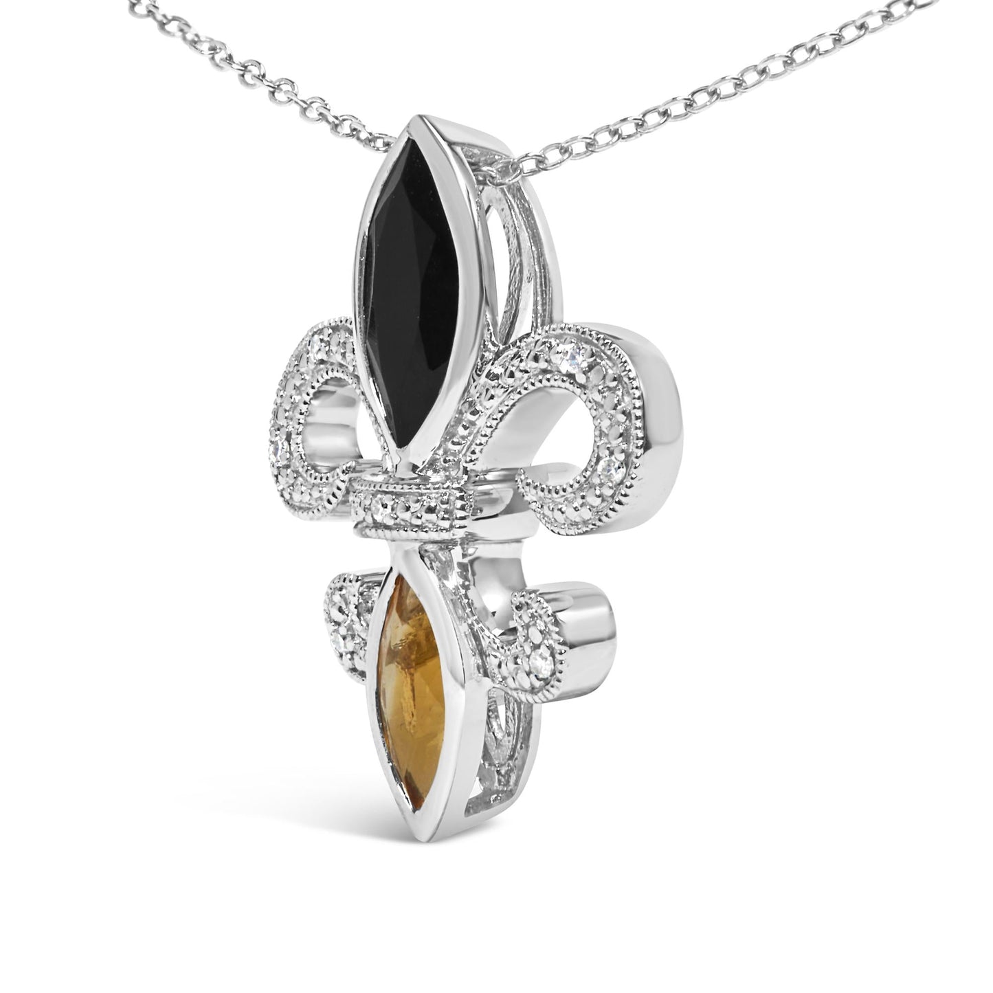 .925 Sterling Silver Marquise Onyx and Citrine and Diamond Accent Fleur De Lis Pendant Necklace (H-I Color, SI1-SI2 Clarity) - 18"-3