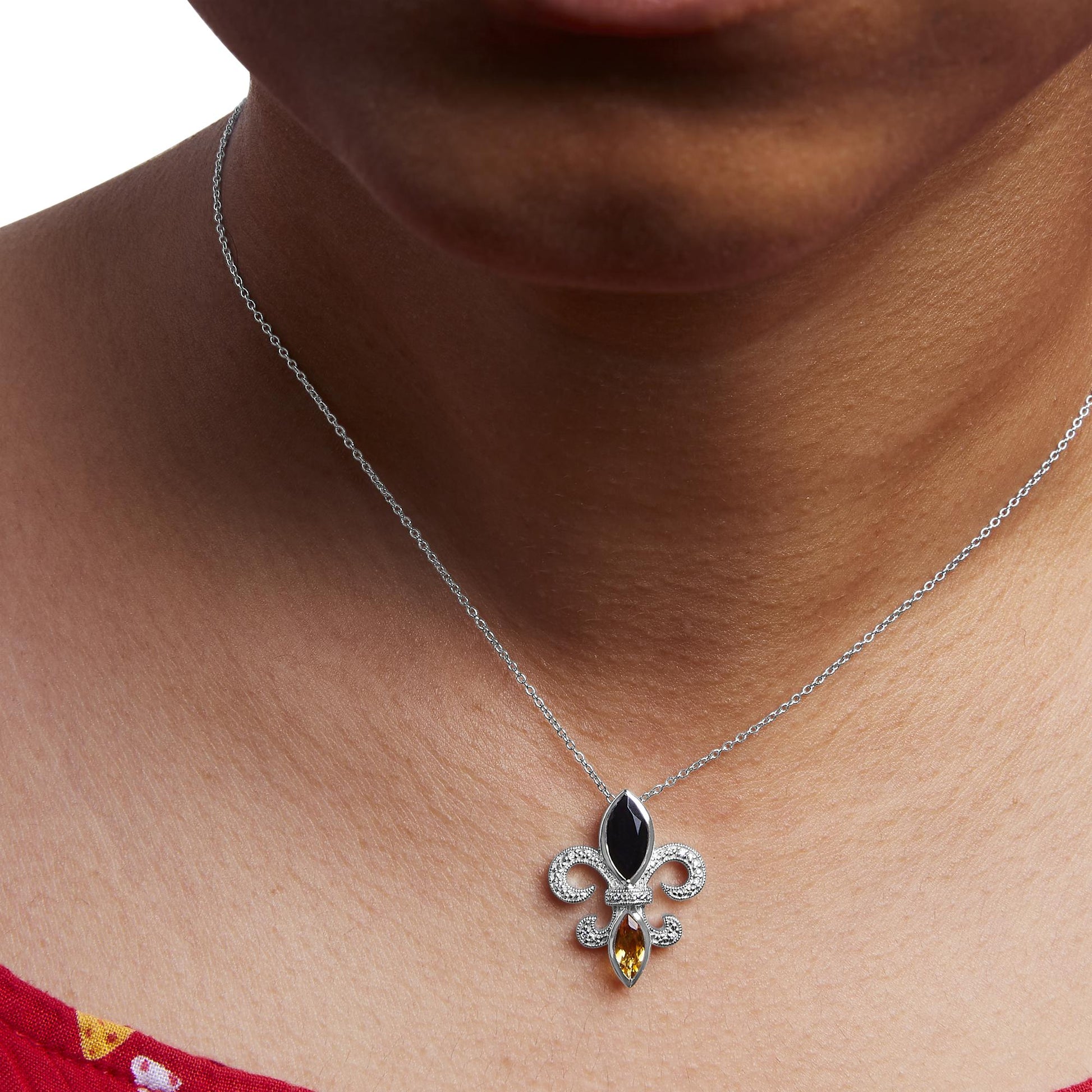 .925 Sterling Silver Marquise Onyx and Citrine and Diamond Accent Fleur De Lis Pendant Necklace (H-I Color, SI1-SI2 Clarity) - 18"-2