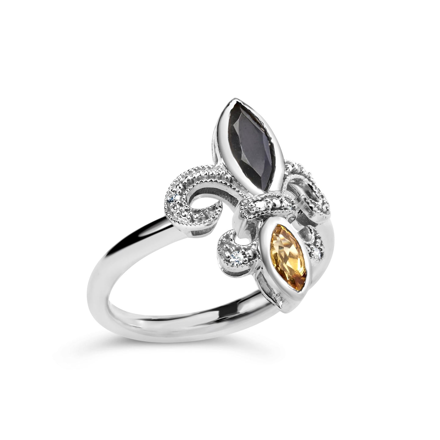 .925 Sterling Silver Black Onyx and Yellow Citrine Marquise and Diamond Accent Fleur De Lis Ring (H-I Color, SI1-SI2 Clarity)-3
