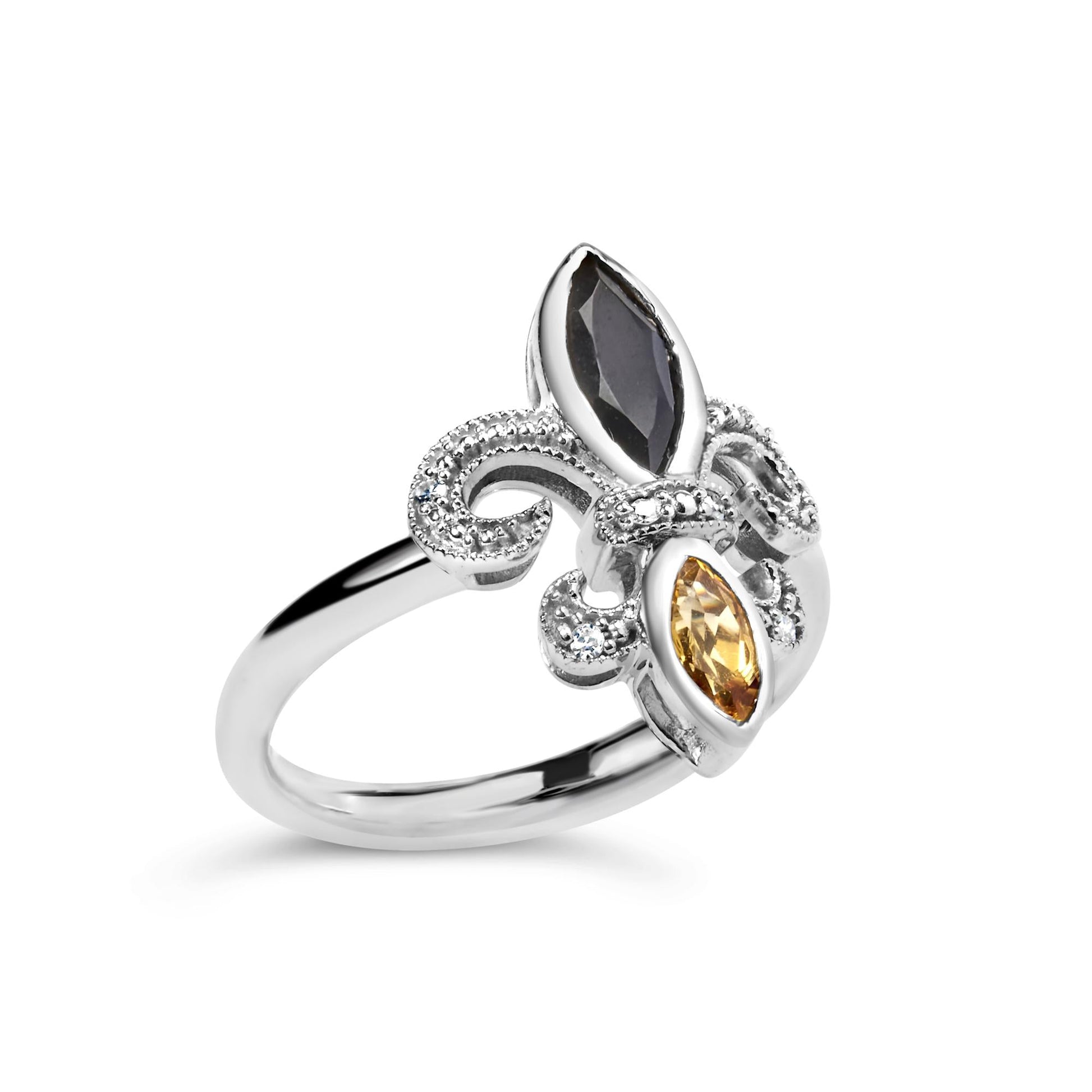 .925 Sterling Silver Black Onyx and Yellow Citrine Marquise and Diamond Accent Fleur De Lis Ring (H-I Color, SI1-SI2 Clarity)-3
