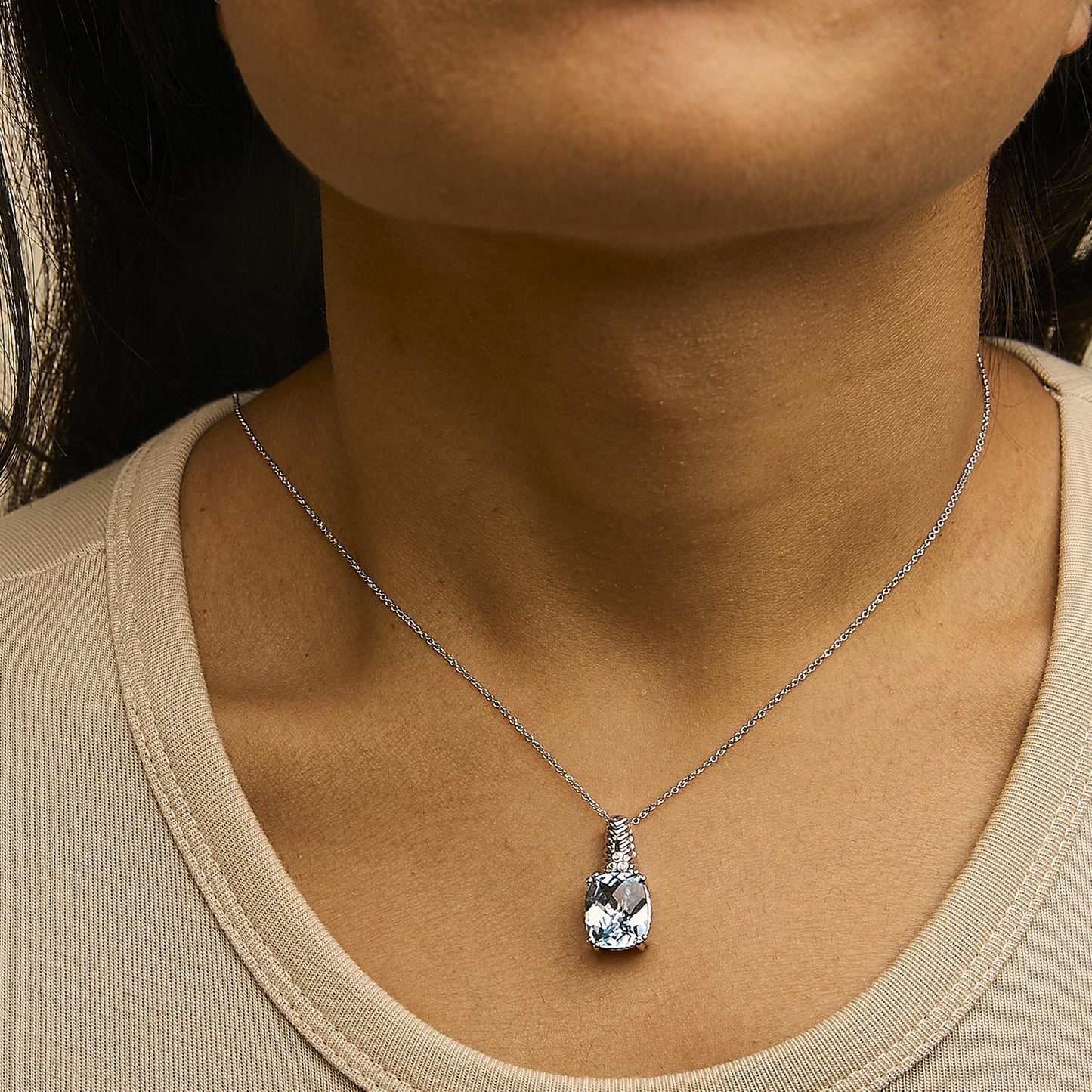 .925 Sterling Silver Blue Topaz and Diamond Accent Textured Pendant Necklace - 18" Inches-2