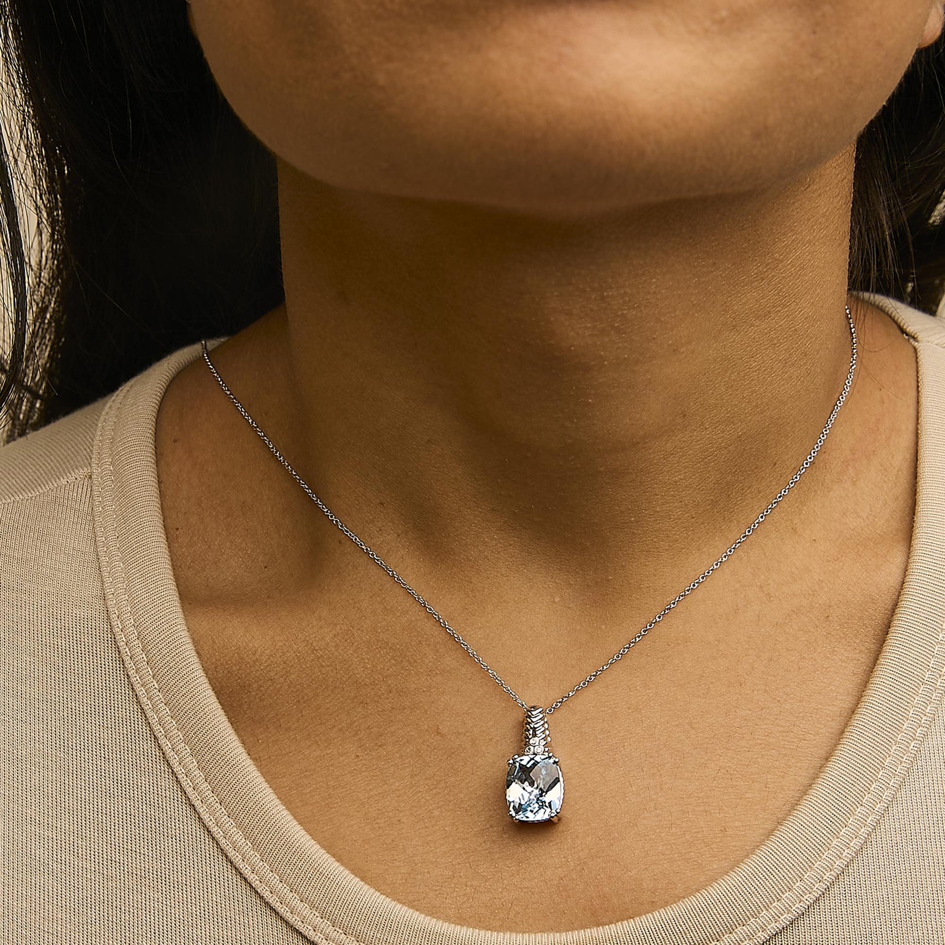 .925 Sterling Silver Blue Topaz and Diamond Accent Textured Pendant Necklace - 18" Inches-2