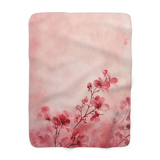 Pink Floral Branch Sherpa Fleece Blanket Blossom Watercolor Throw