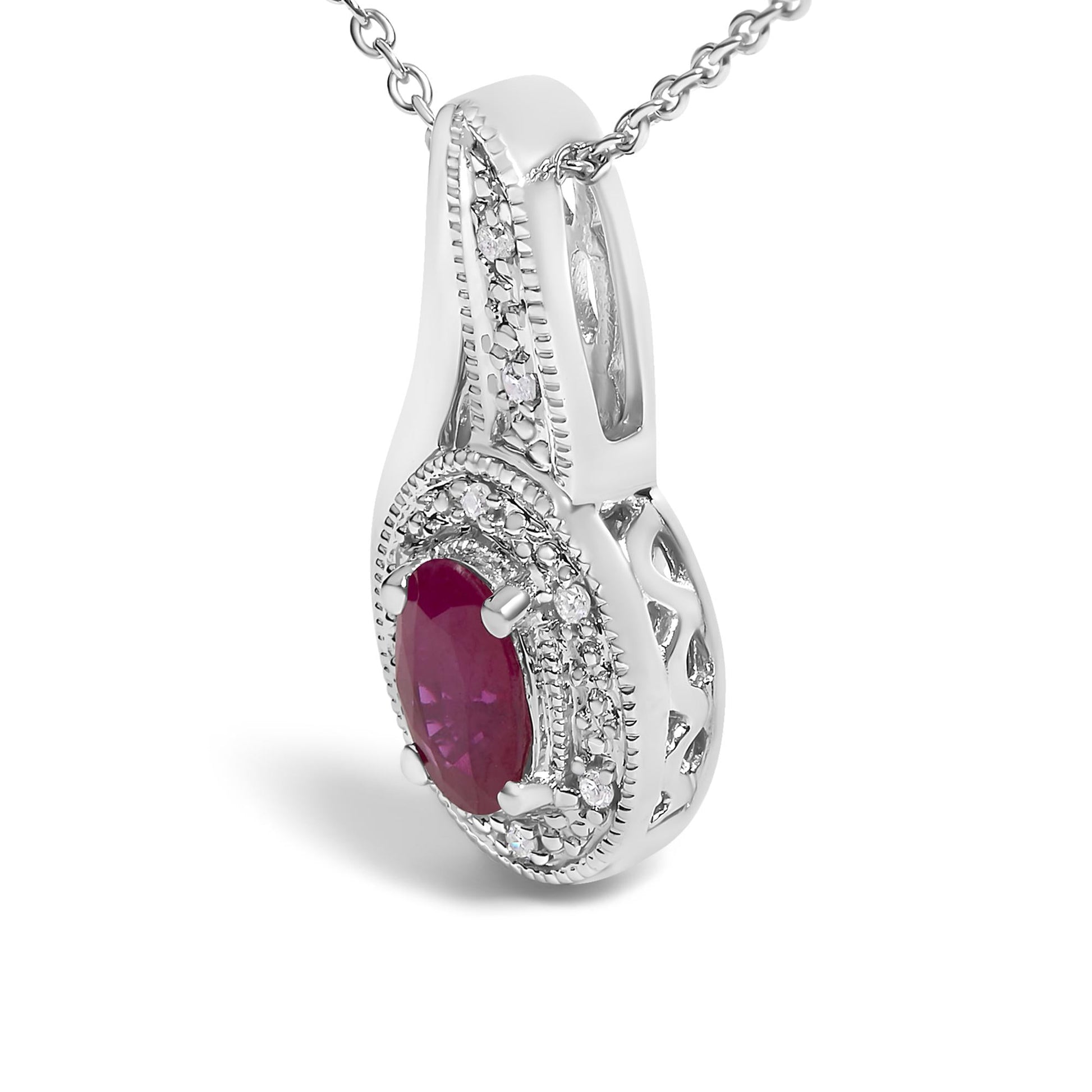 .925 Sterling Silver Red Ruby and Diamond Accent Milgrain Swirl Pendant Necklace - 18" Inches-3