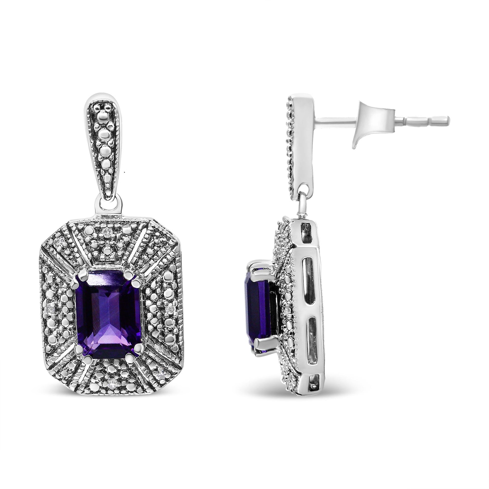 .925 Sterling Silver Diamond Accent and 7x5mm Purple Amethyst Stud Earrings (I-J Color, I2-I3 Clarity)-3