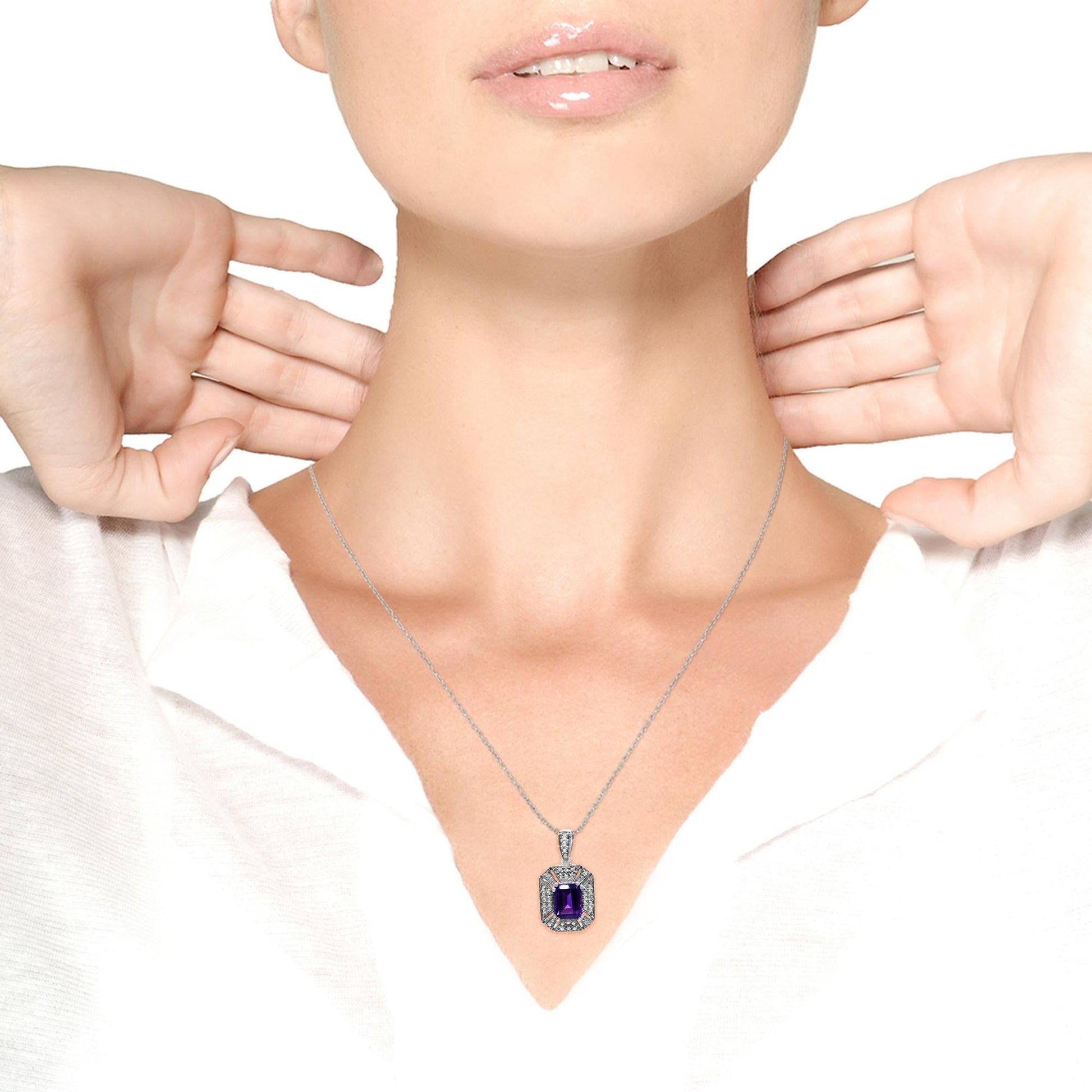 .925 Sterling Silver Purple Amethyst and Diamond Accent Art Deco Style 18" Pendant Necklace (I-J Color, I1-I2 Clarity)-2