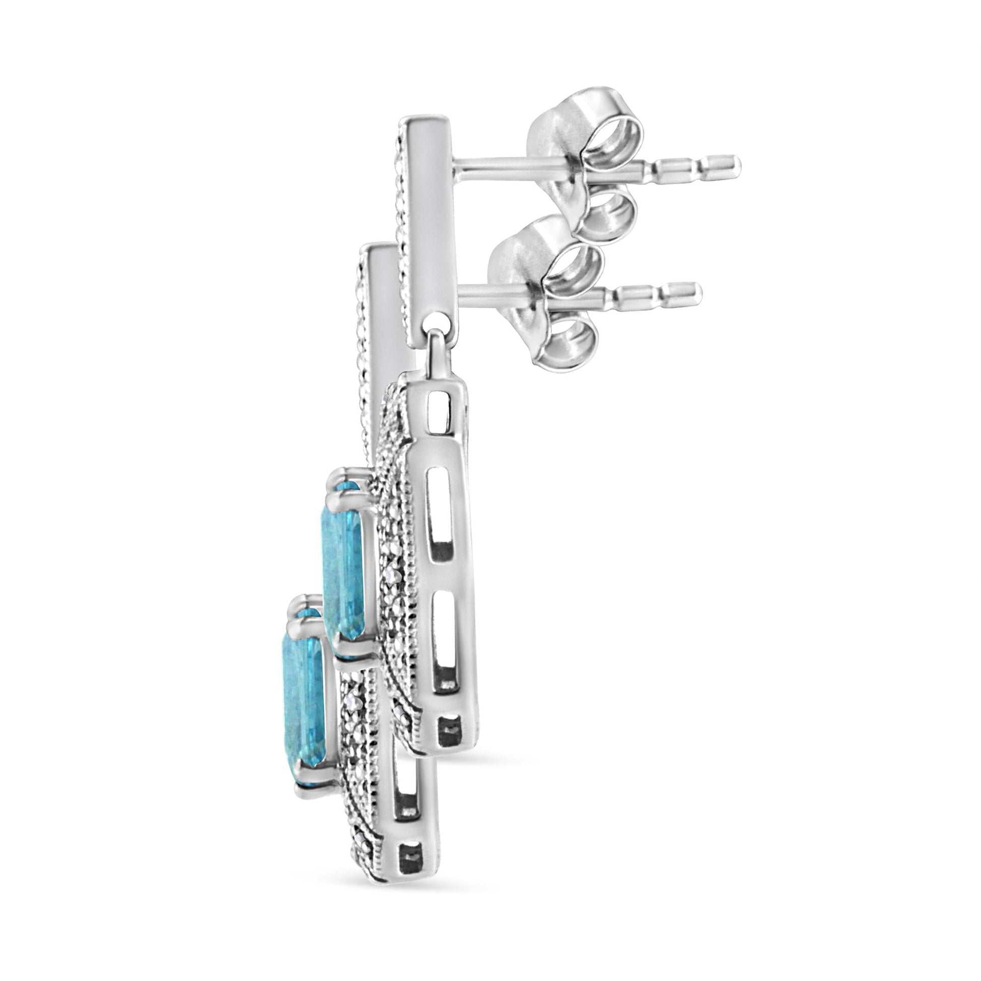 .925 Sterling Silver 7x5MM Emerald Shape Blue Topaz and Diamond Accent Art Deco Halo Style Drop and Dangle Earrings (I-J Color, I1-I2 Clarity)-1
